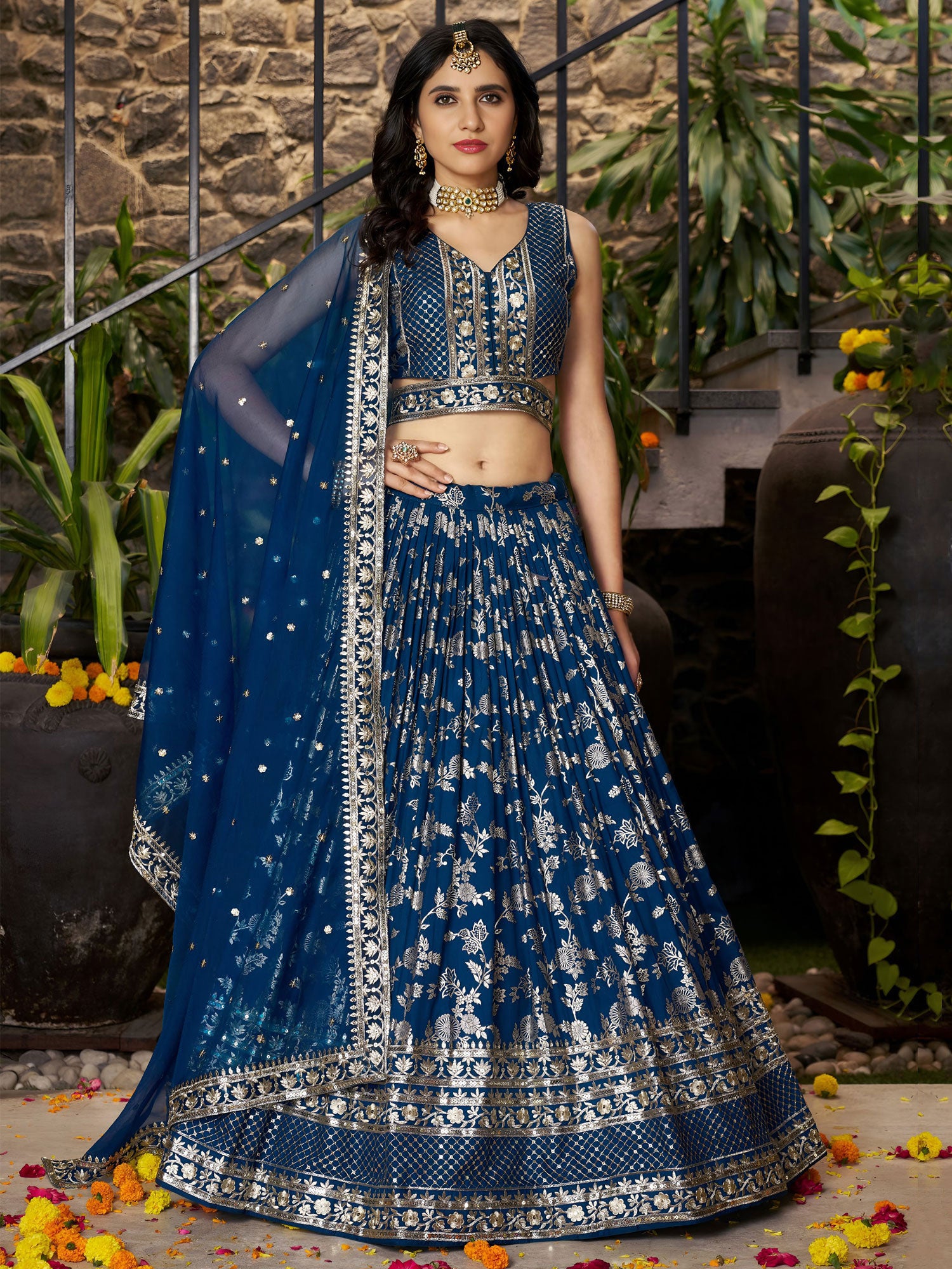 Blue Embroidered Lehenga Set With Organza Dupatta