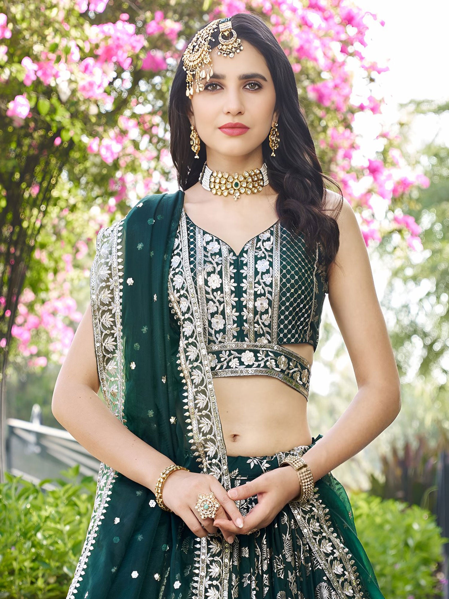 Deep Green Bridesmaid Lehenga Choli In Weaving