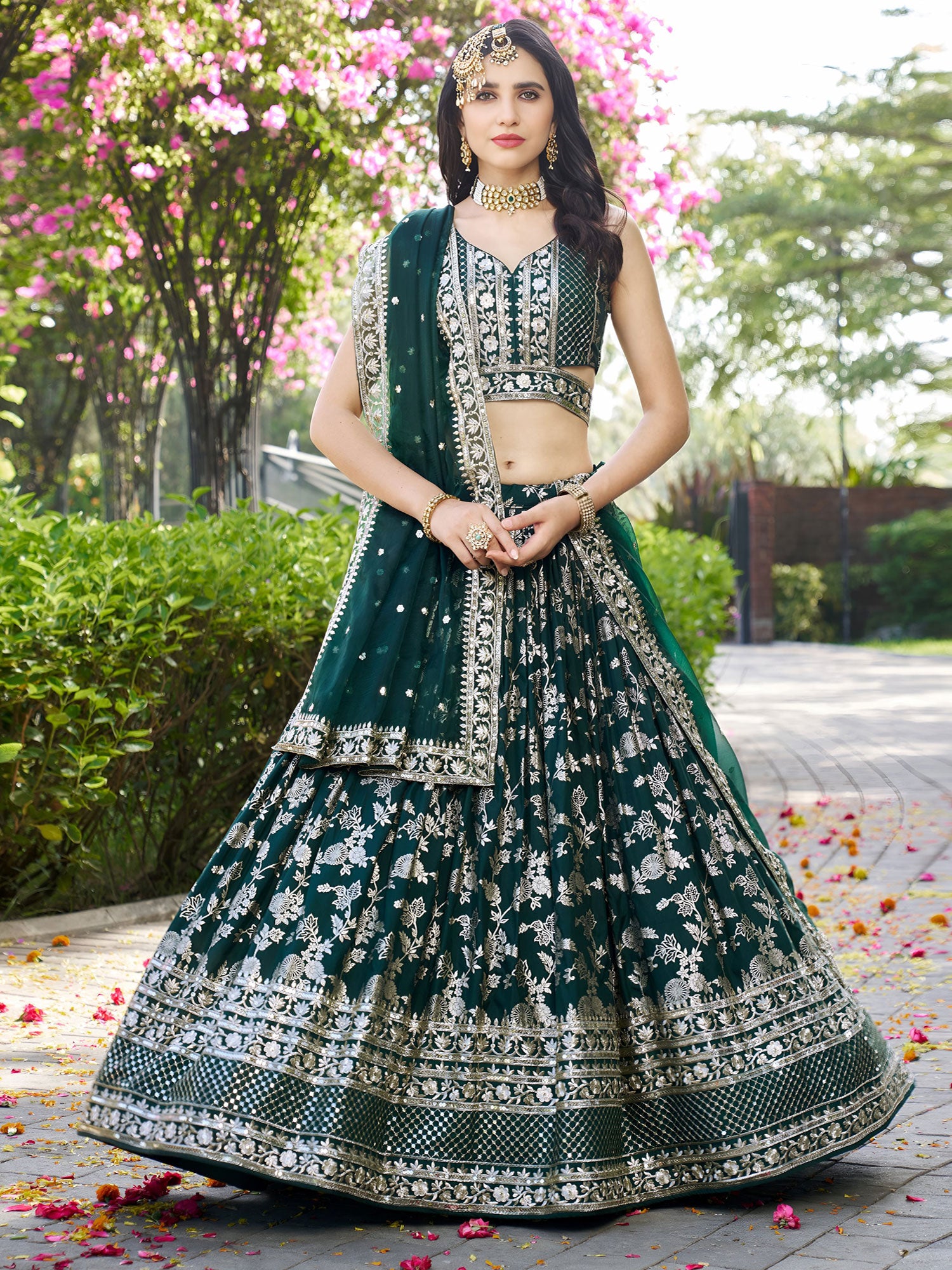 Deep Green Bridesmaid Lehenga Choli In Weaving