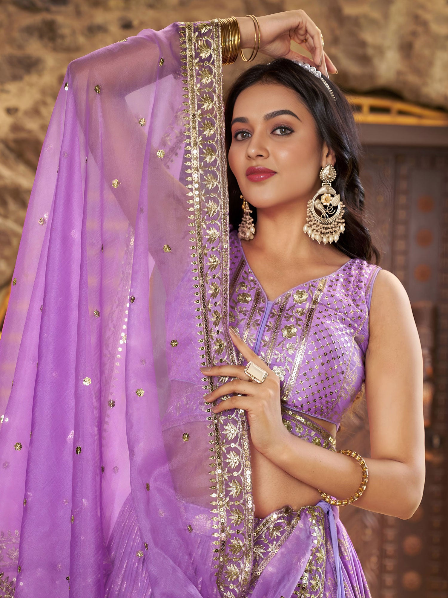 Purple Floral Woven Work Lehenga Choli Set