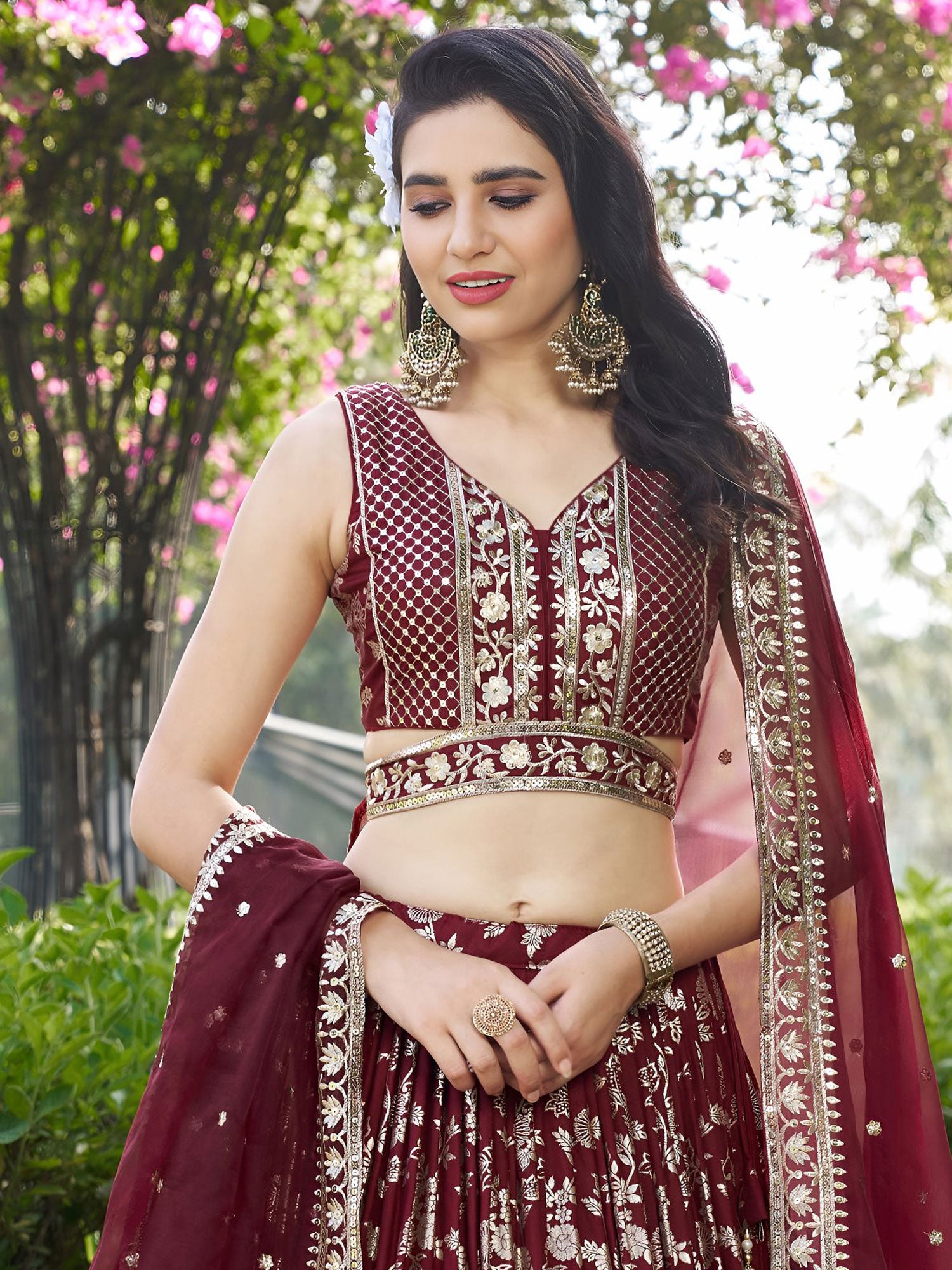 Maroon Floral Zari Work Party Lehenga Set