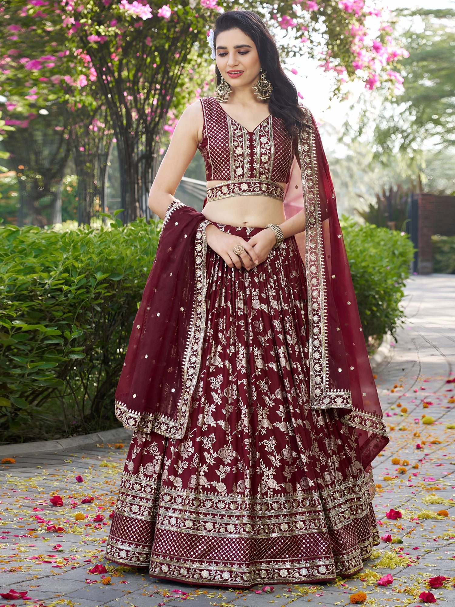 Maroon Floral Zari Work Party Lehenga Set