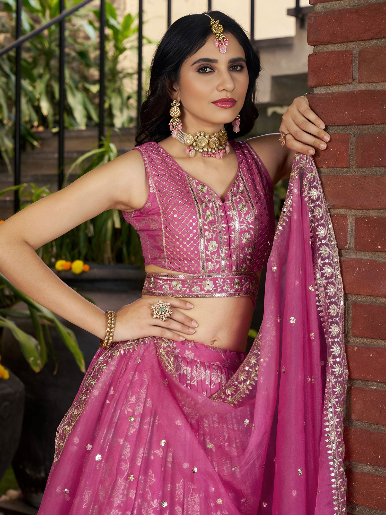 Pink Sequins Augmented Silk Lehenga Choli Set