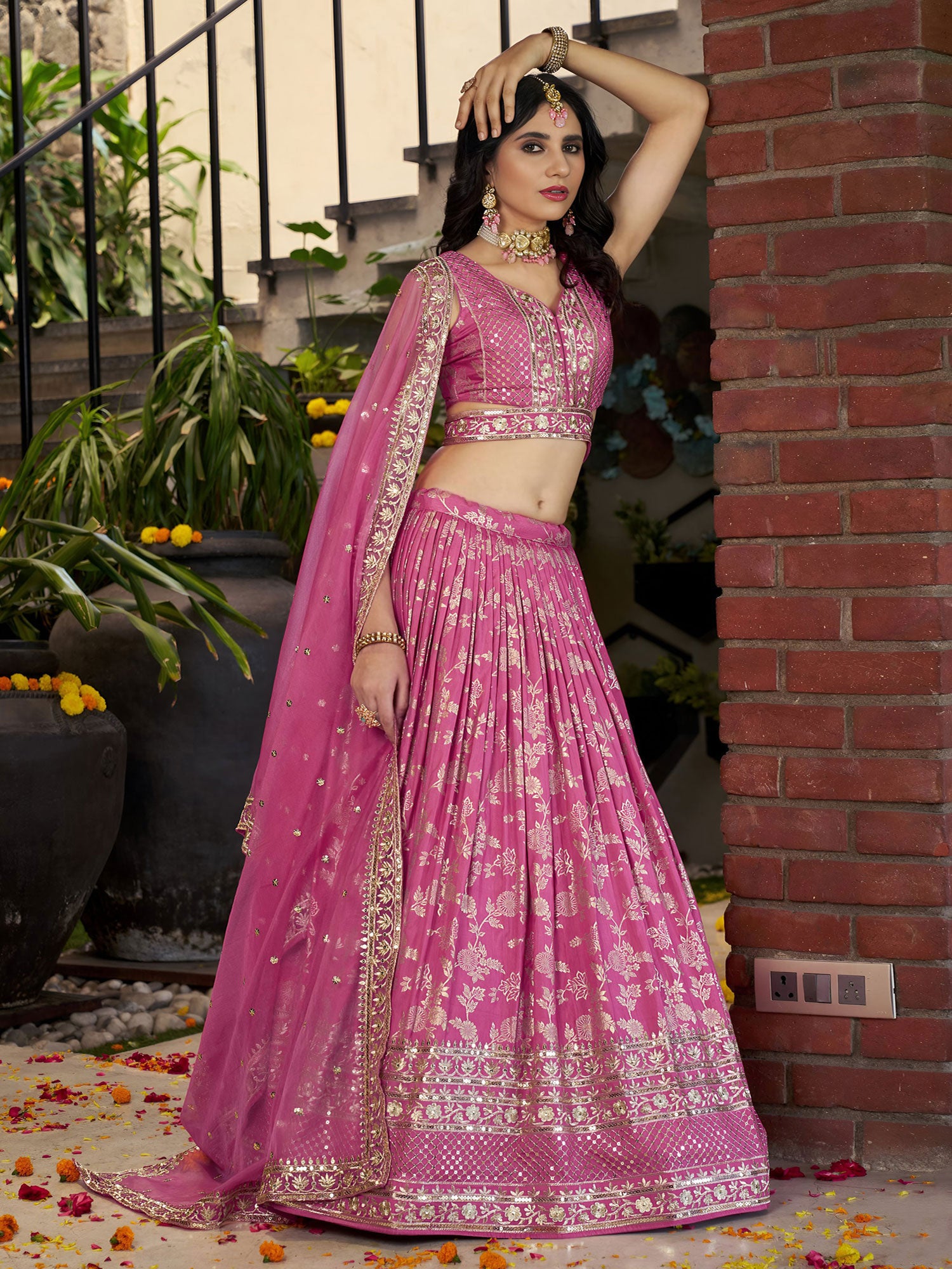 Pink Sequins Augmented Silk Lehenga Choli Set