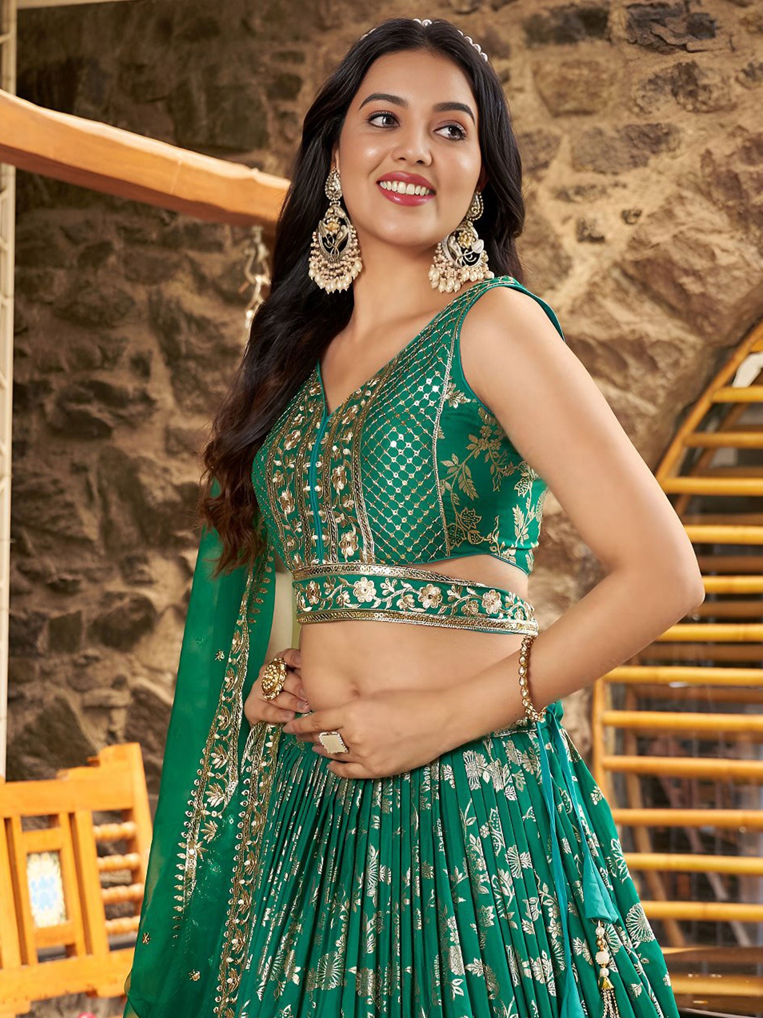 Green Wedding Lehenga Choli With Dupatta In Organza