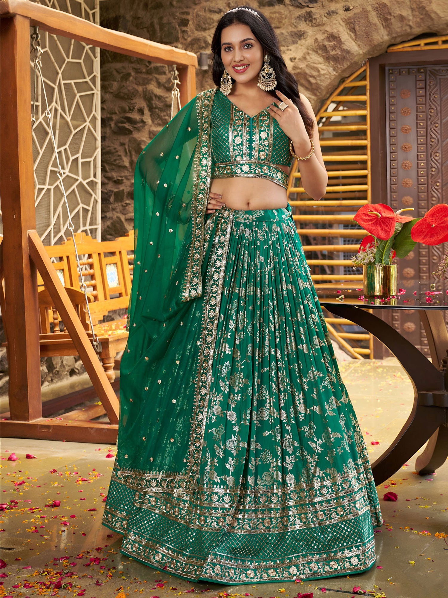 Green Wedding Lehenga Choli With Dupatta In Organza