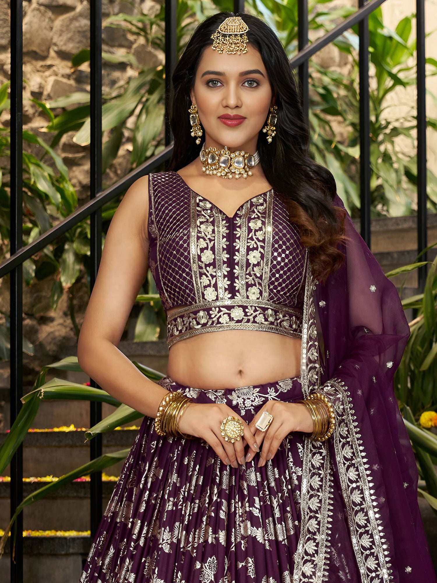 Wine Wedding Wear Lehenga Choli In Floral Work