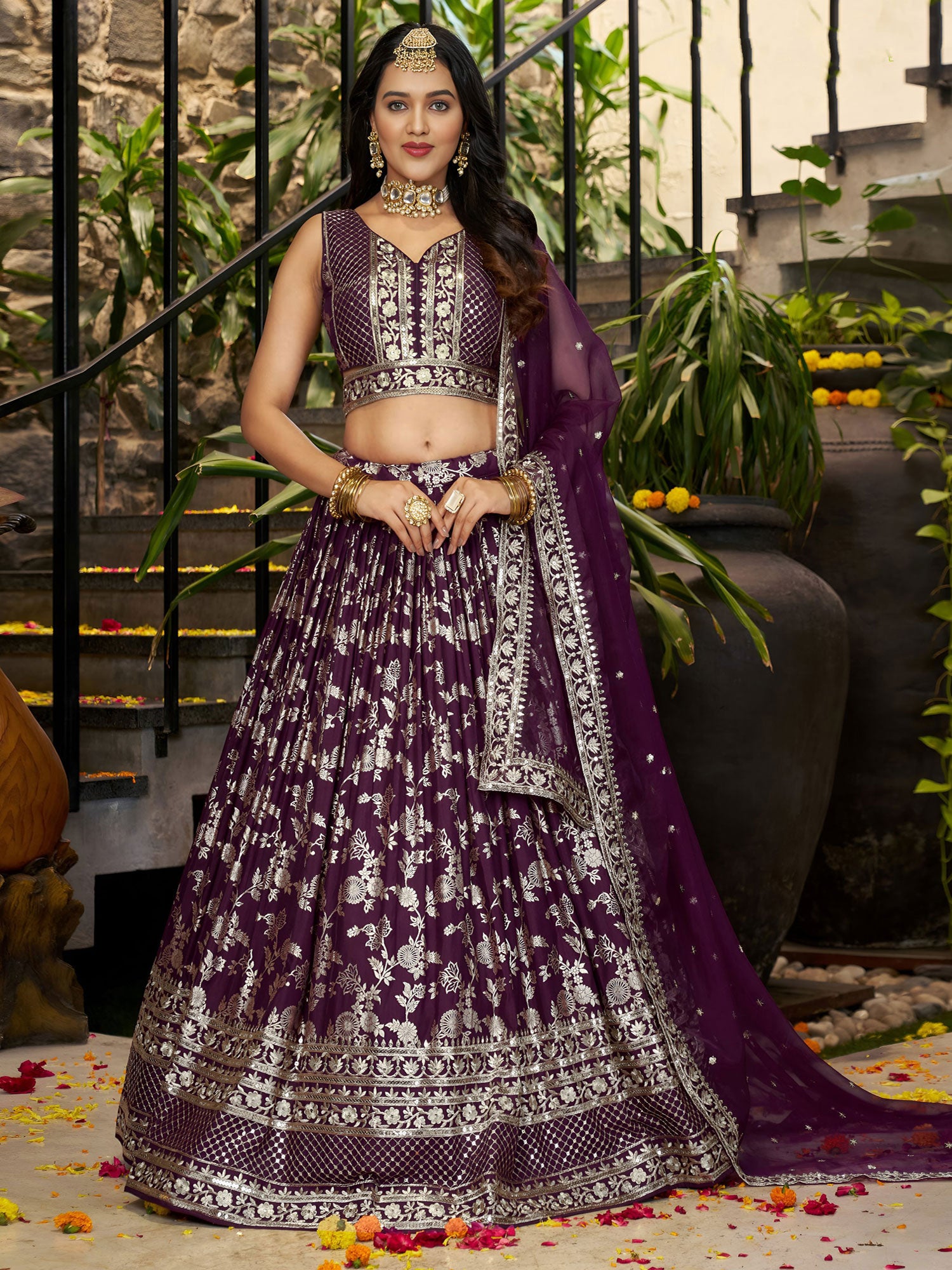 Wine Wedding Wear Lehenga Choli In Floral Work
