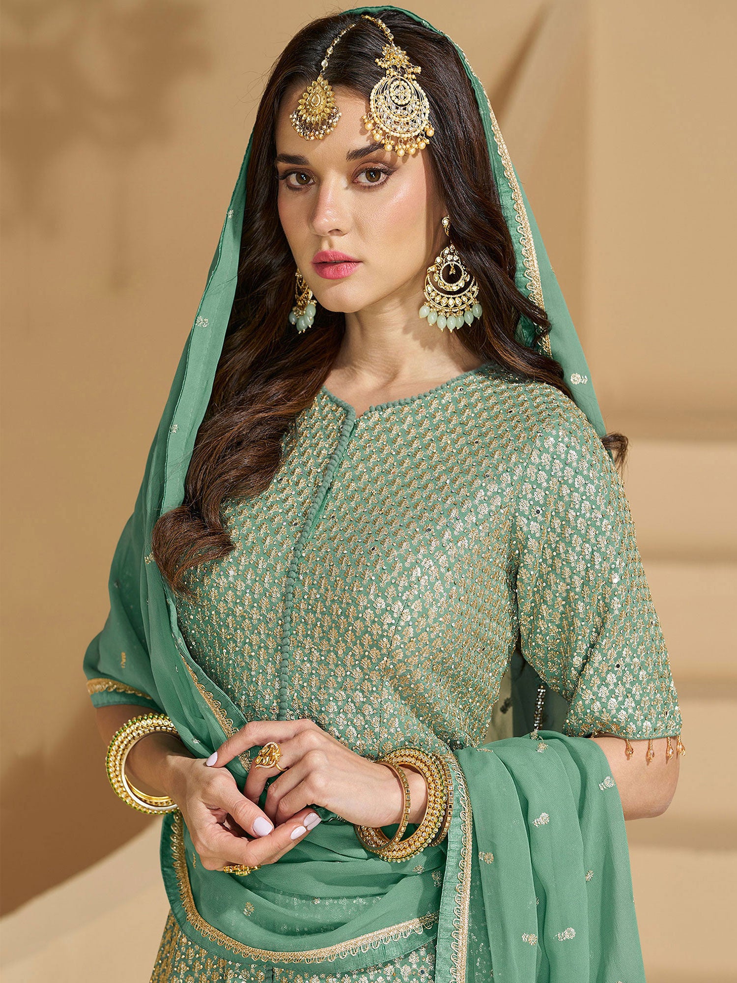Green Indowestern Lehenga Set With Flare Style Kameez