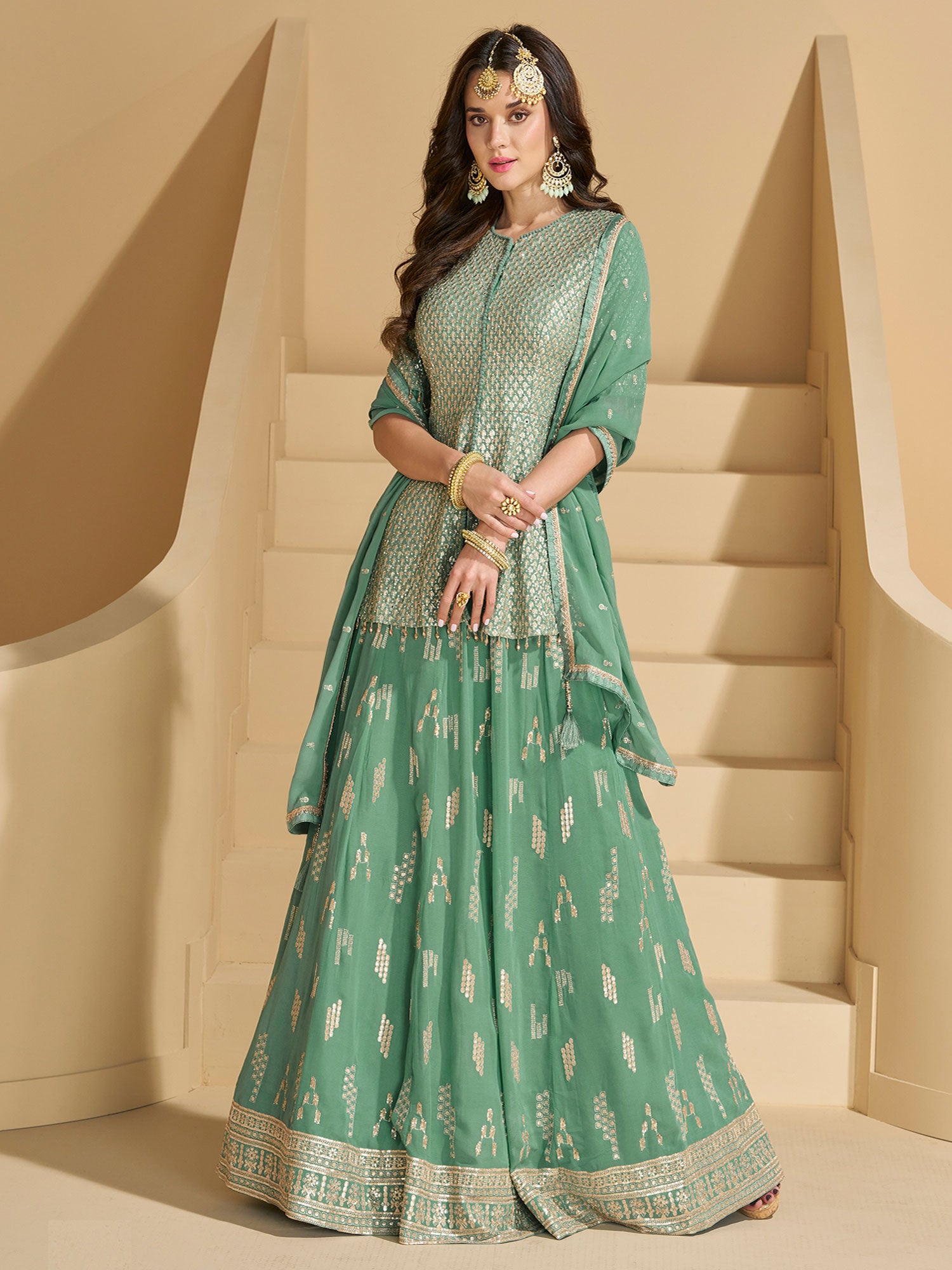 Green Indowestern Lehenga Set With Flare Style Kameez