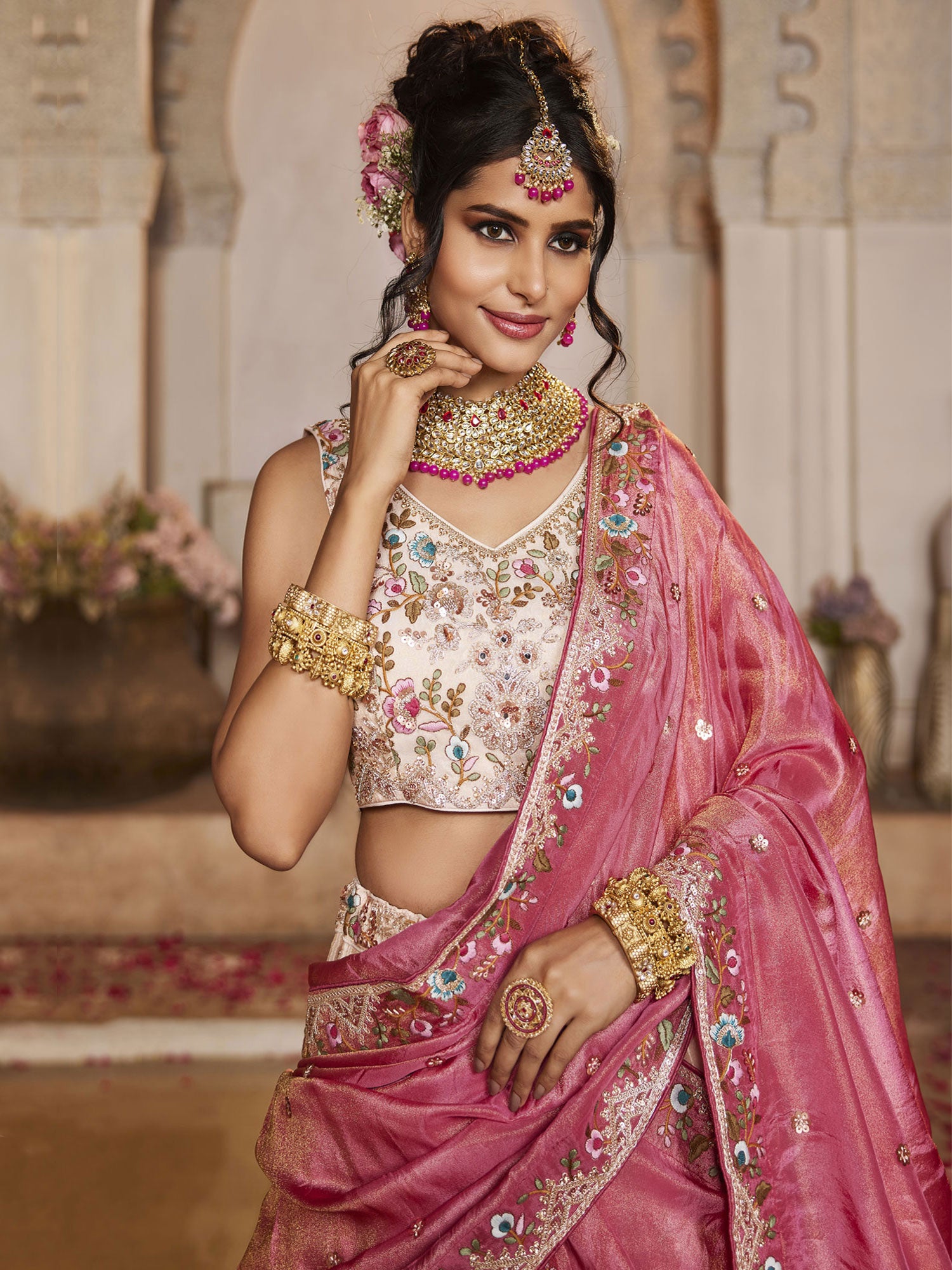 Cream Floral Embellished Designer Lehenga Choli