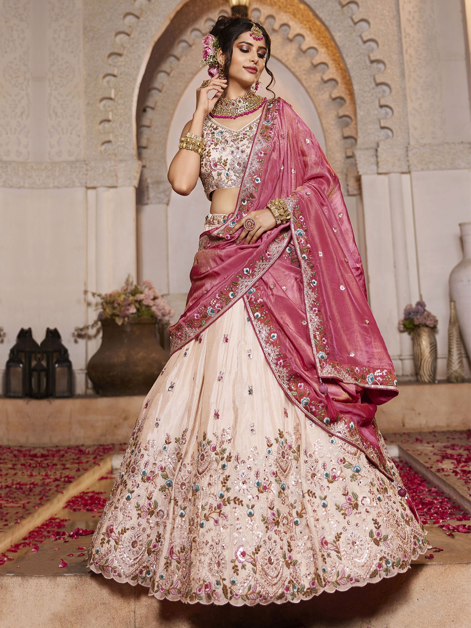 Cream Floral Embellished Designer Lehenga Choli