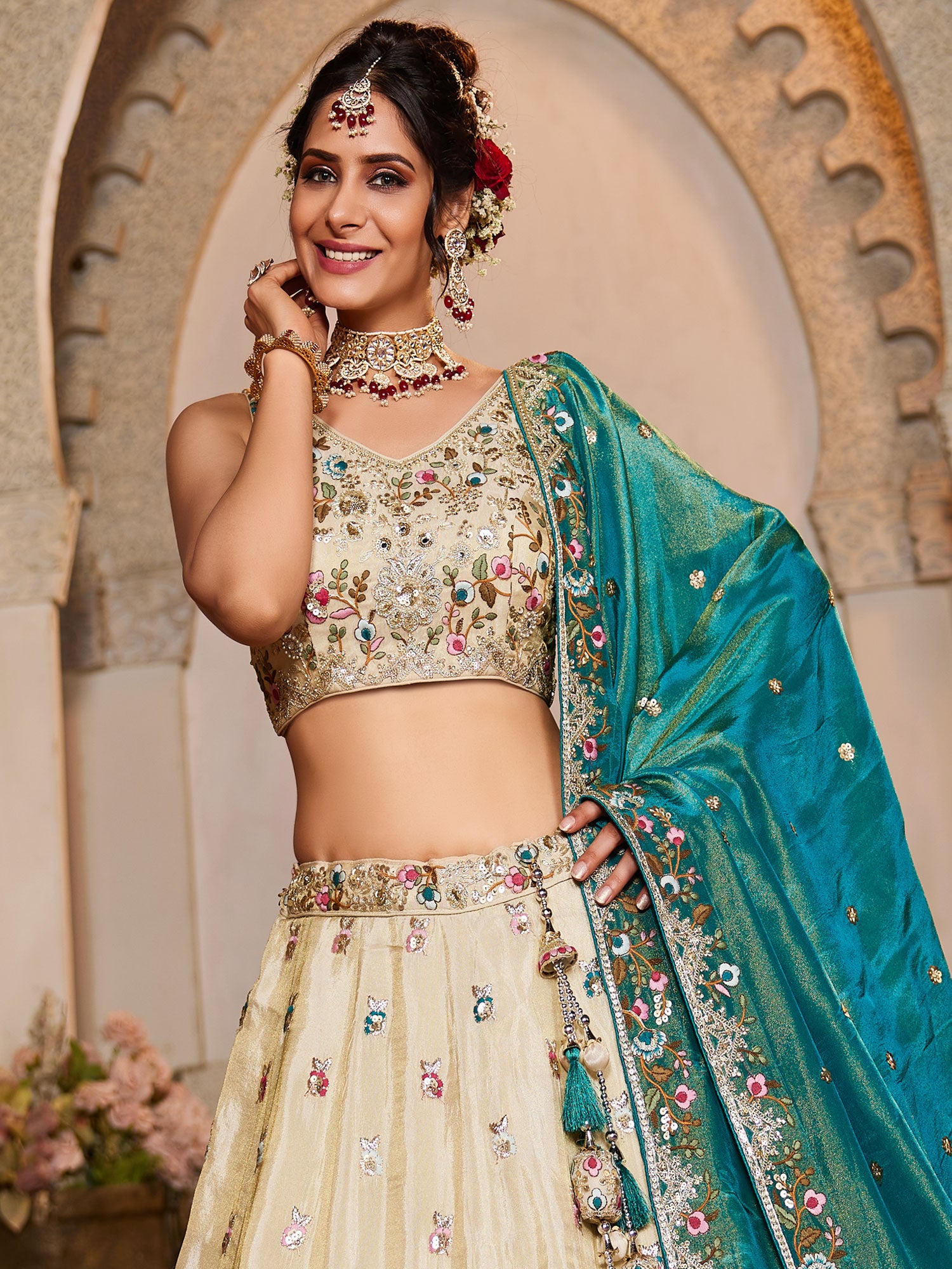 Ivory Cream Mirror Work Bridesmaid Lehenga Set