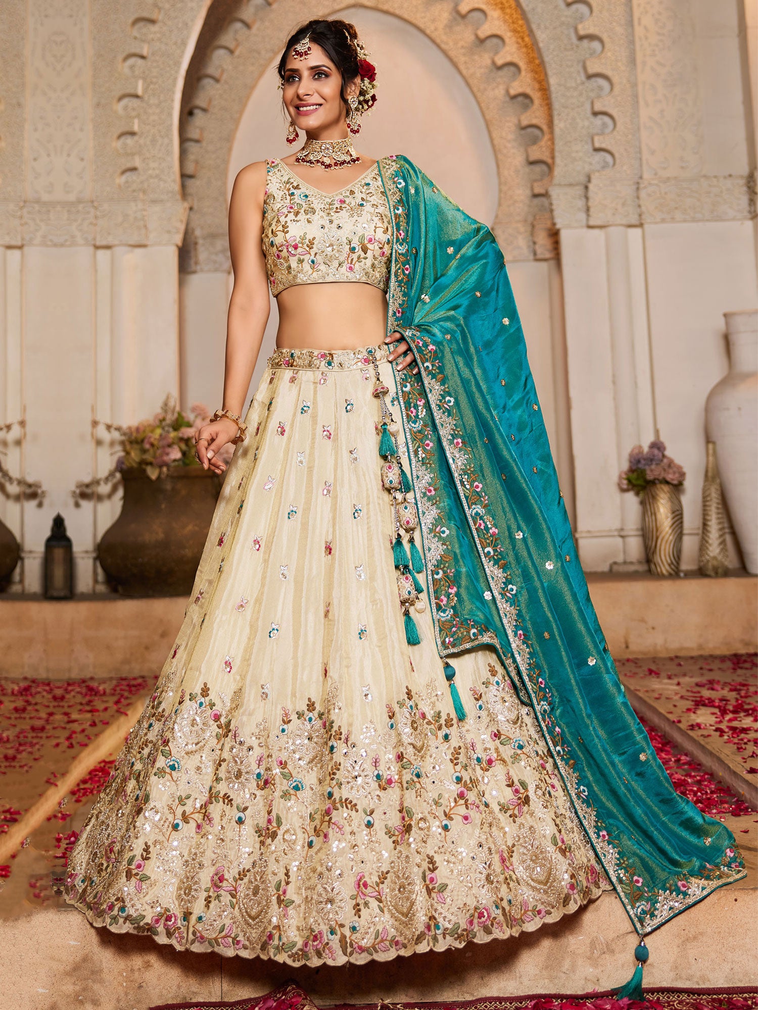 Ivory Cream Mirror Work Bridesmaid Lehenga Set