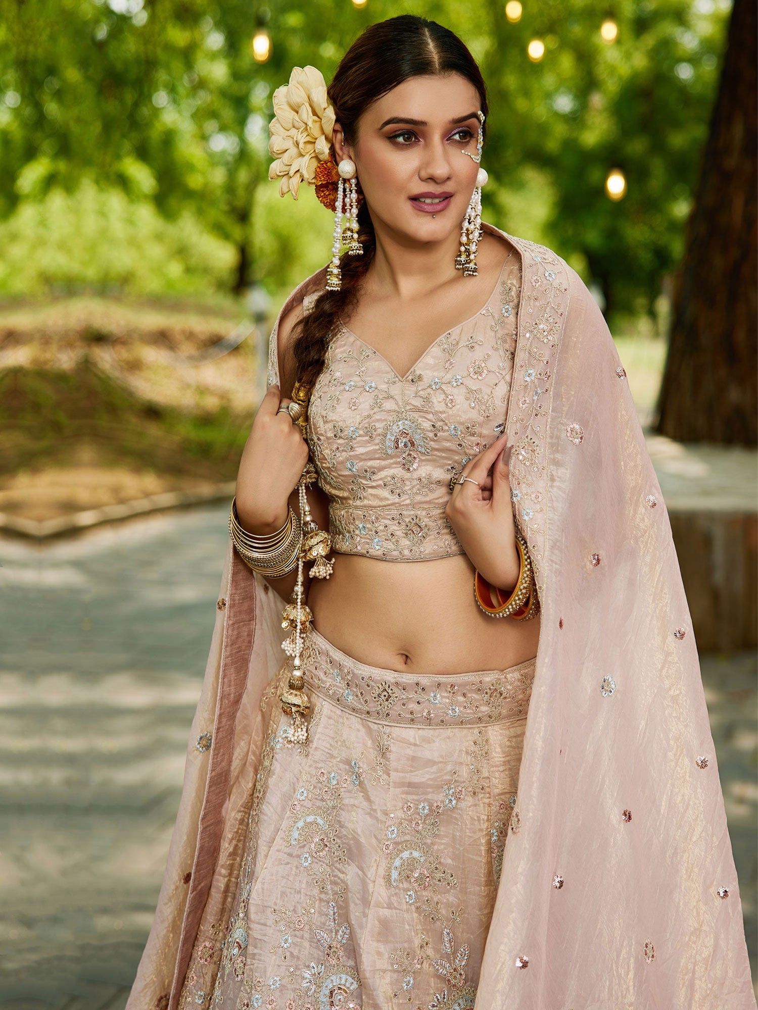 Cream Bridesmaid Silk Lehenga Choli In Zari Work