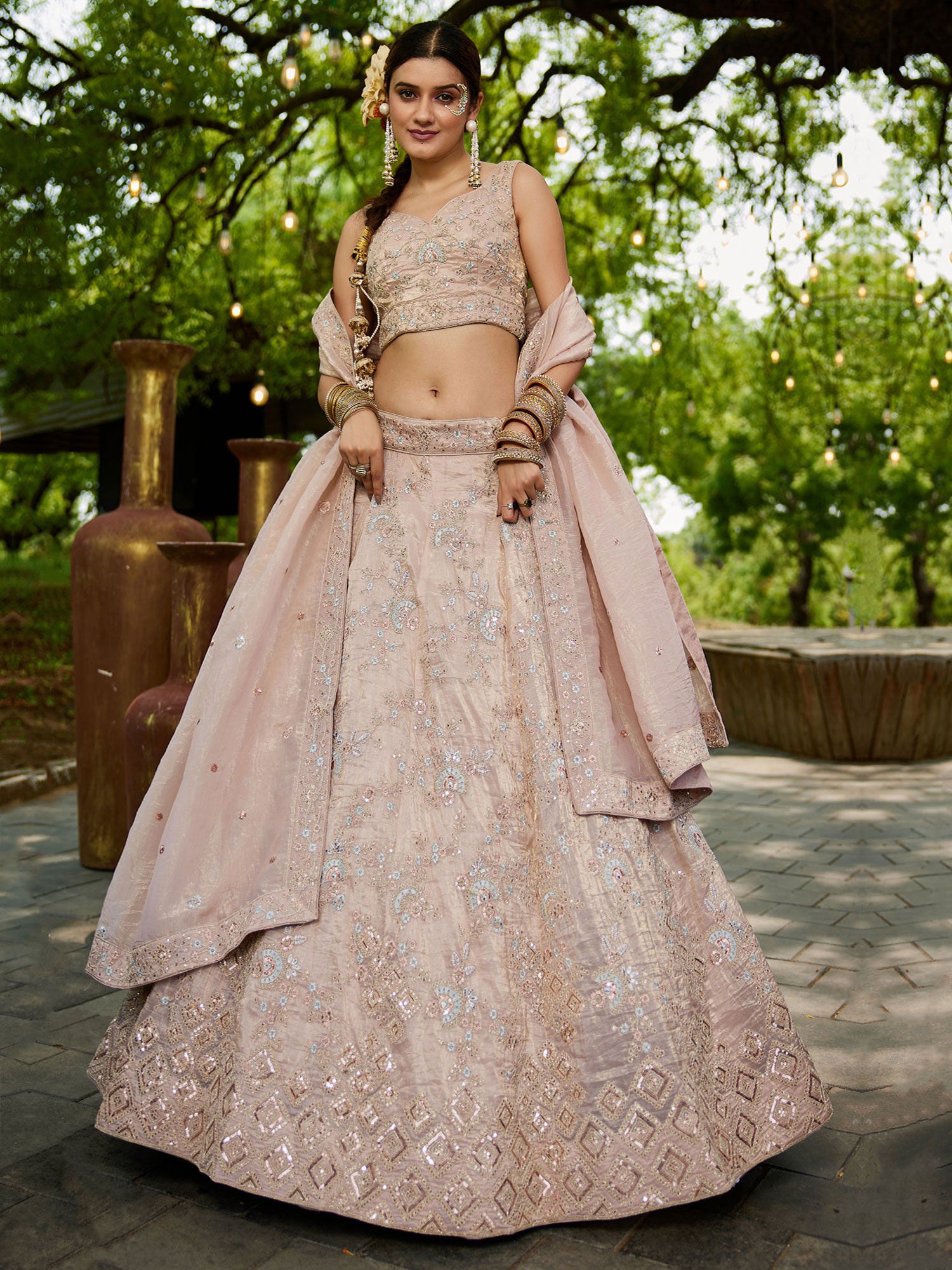 Cream Bridesmaid Silk Lehenga Choli In Zari Work