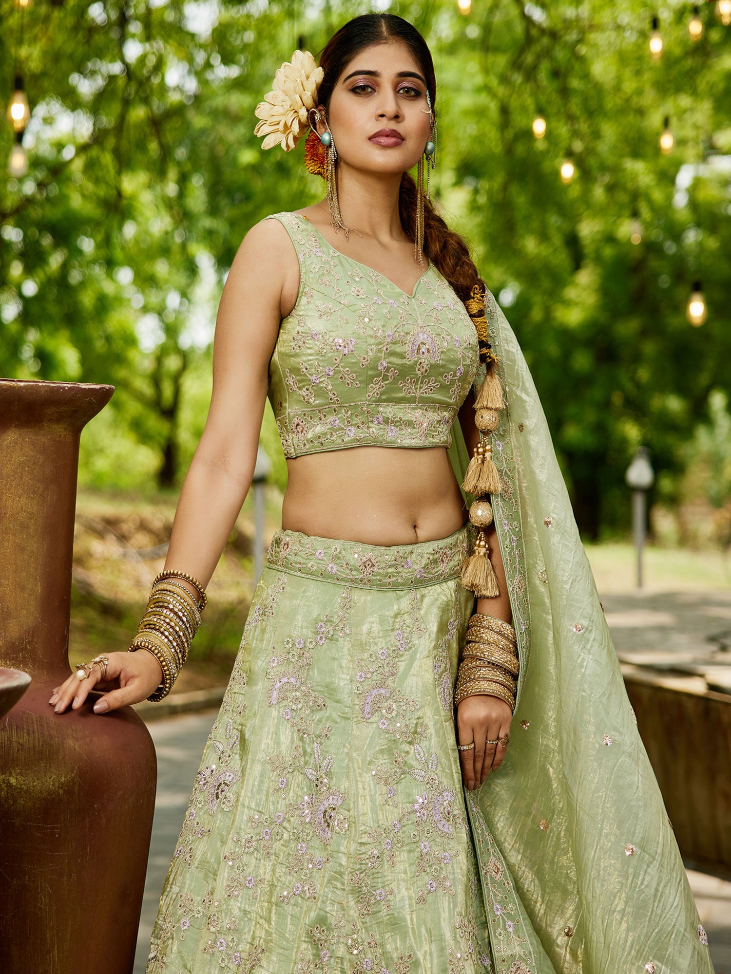 Pista Green Sequins Augmented Silk Lehenga Set