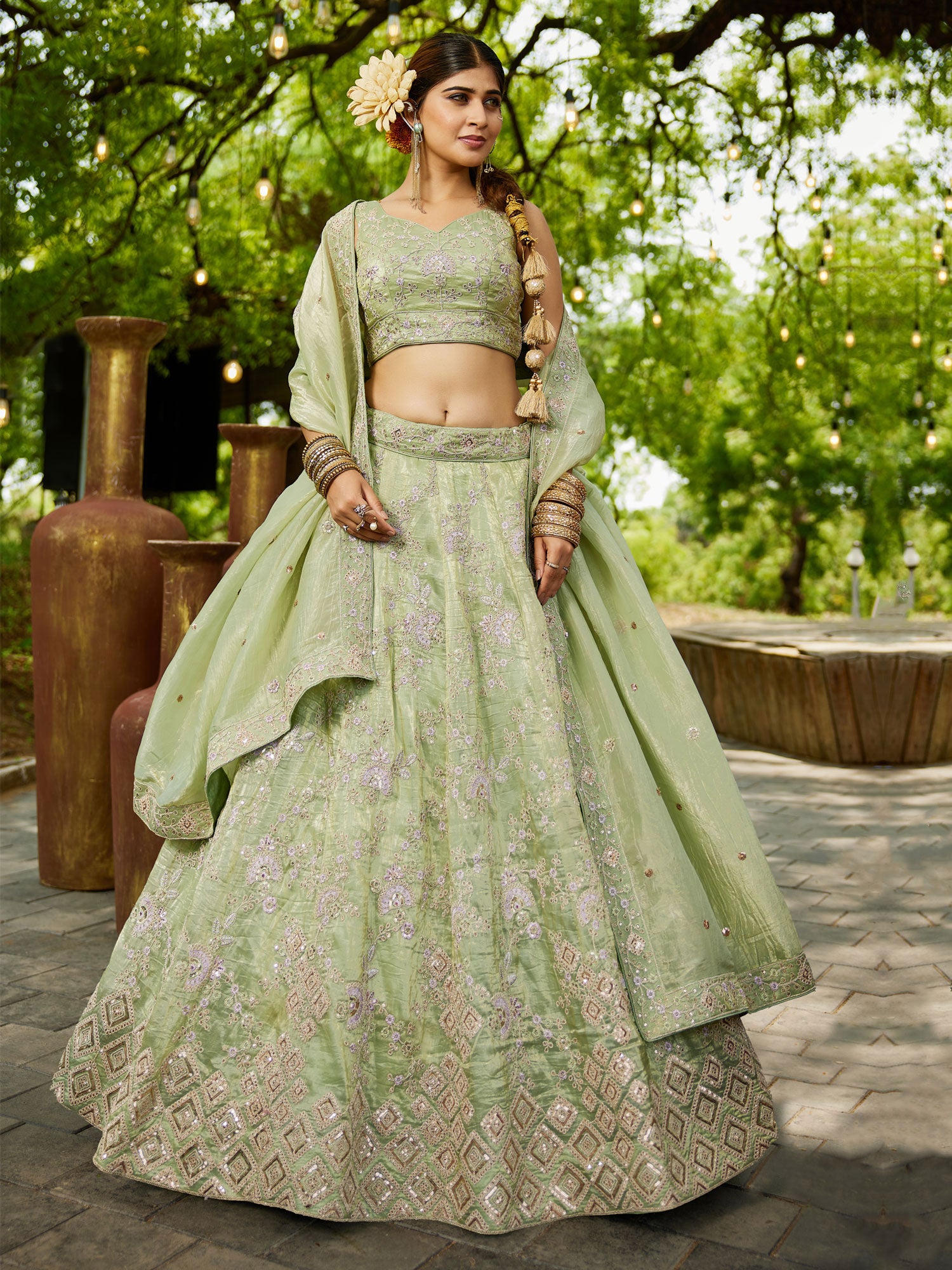 Pista Green Sequins Augmented Silk Lehenga Set