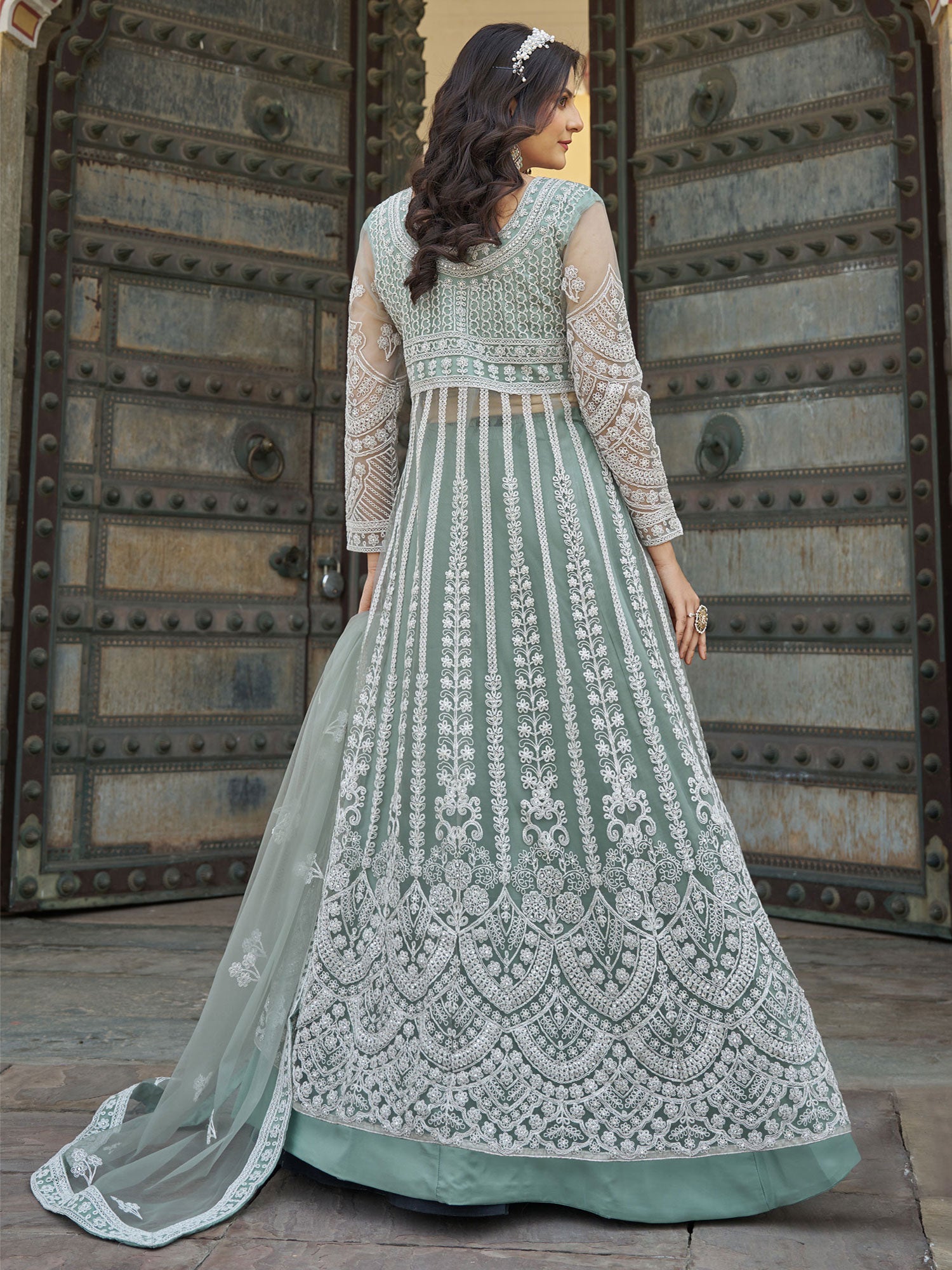 Sea Green Net Lehenga Choli With Dupatta
