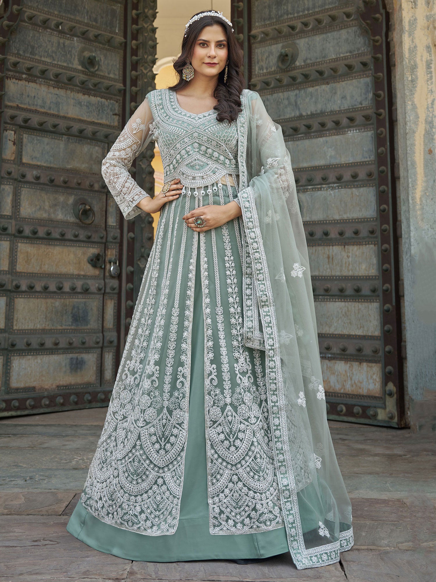 Sea Green Net Lehenga Choli With Dupatta