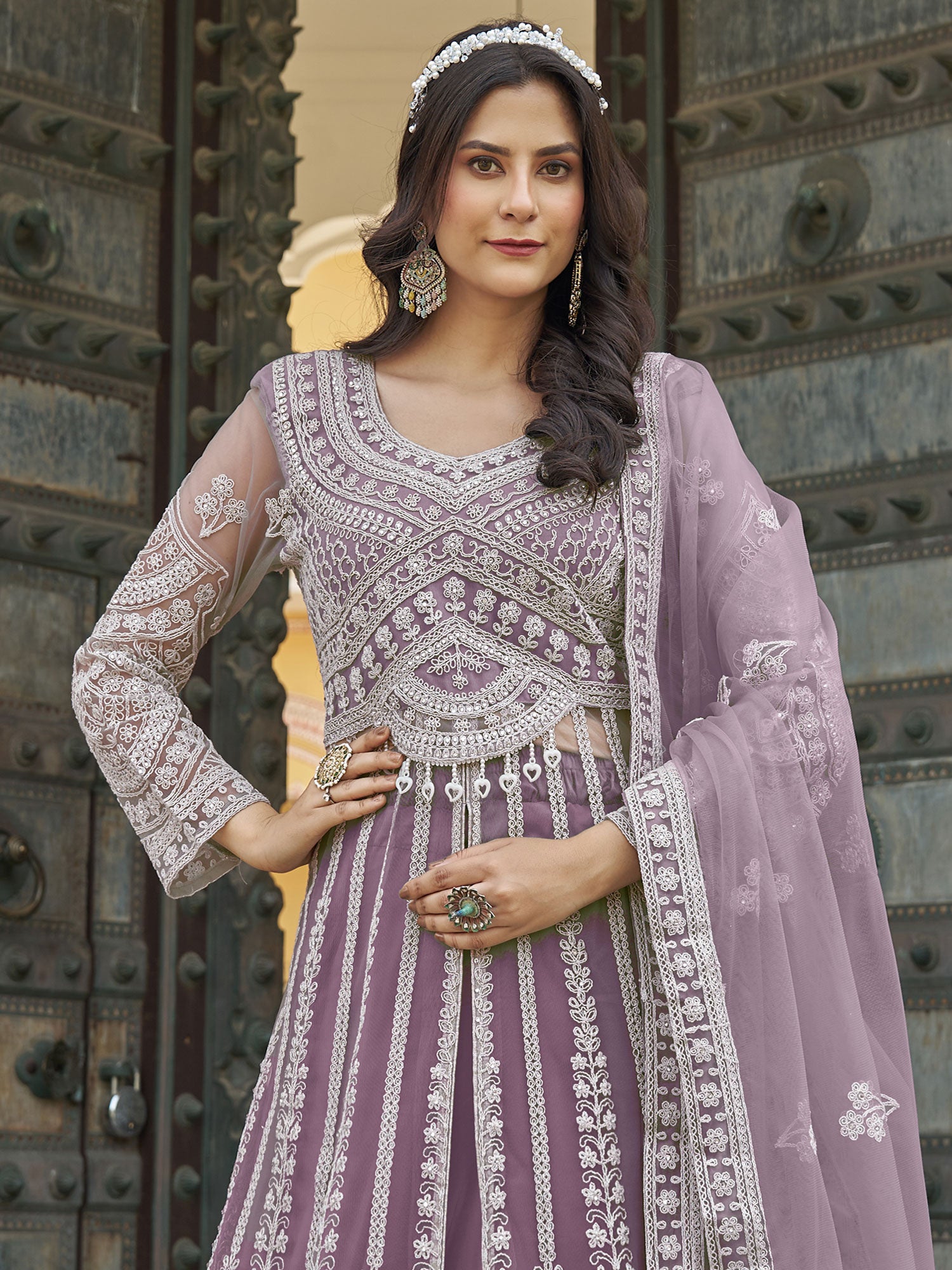 Dusty Purple Indo Western Net Lehenga Set
