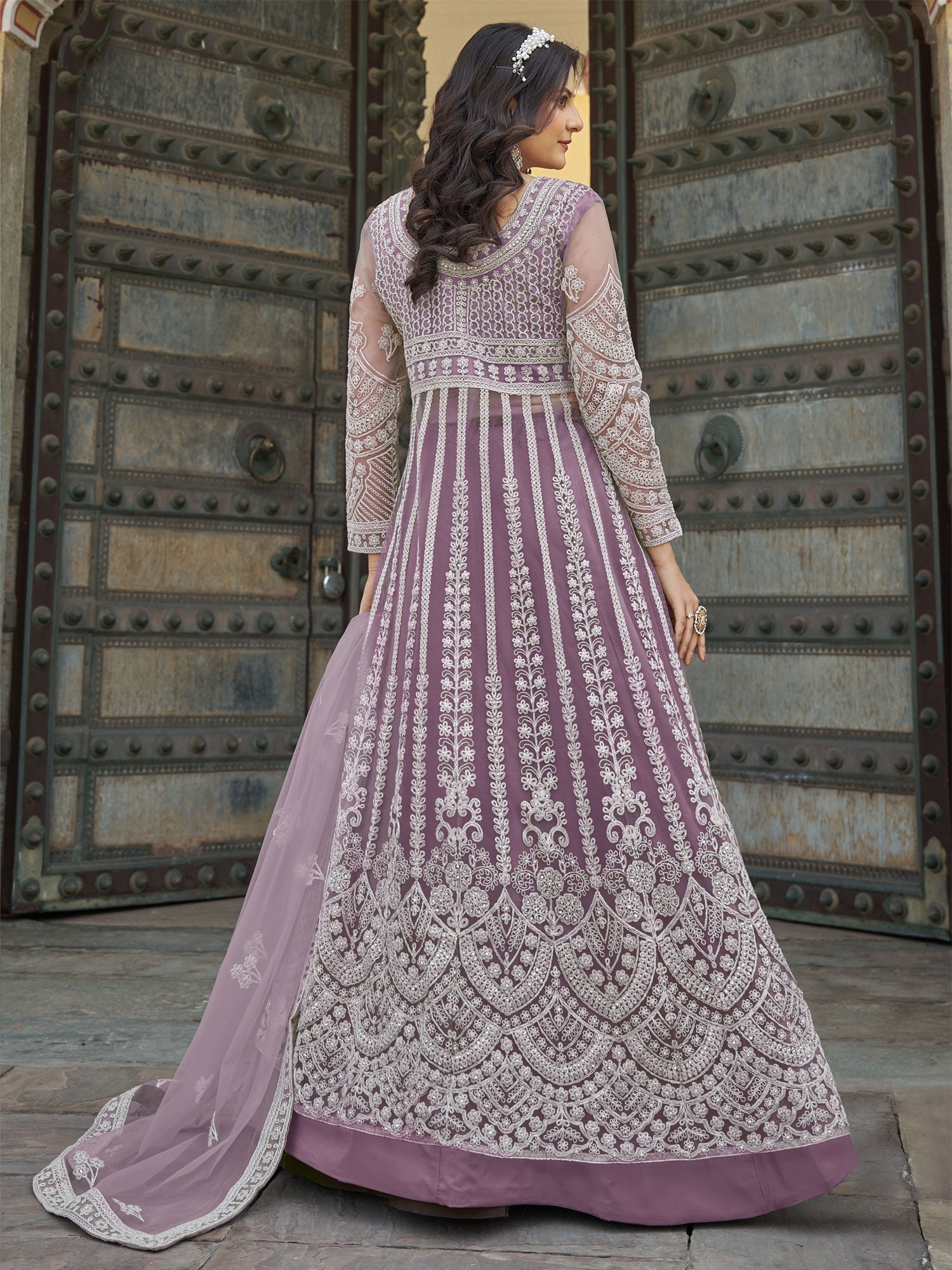 Dusty Purple Indo Western Net Lehenga Set