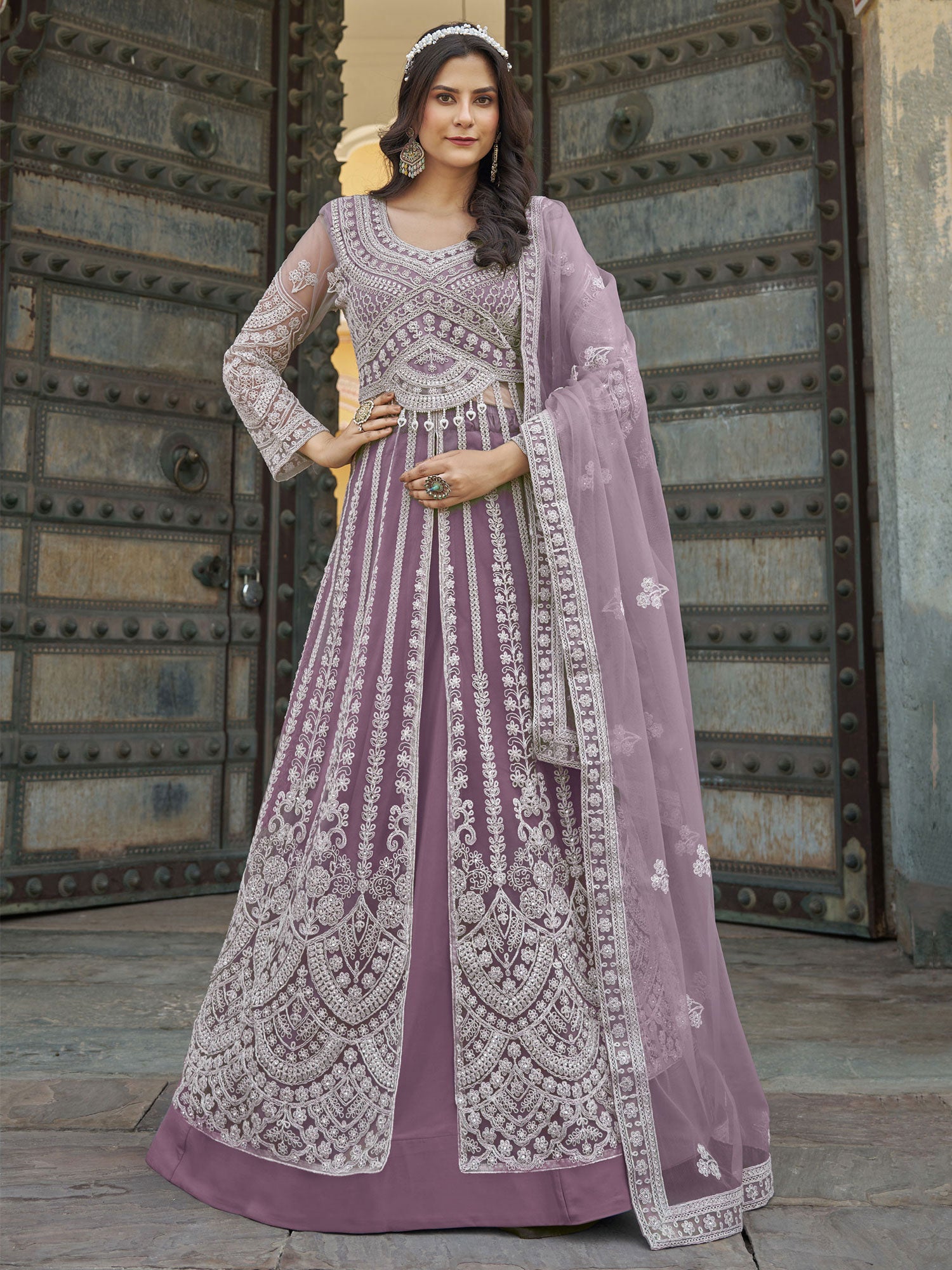 Dusty Purple Indo Western Net Lehenga Set