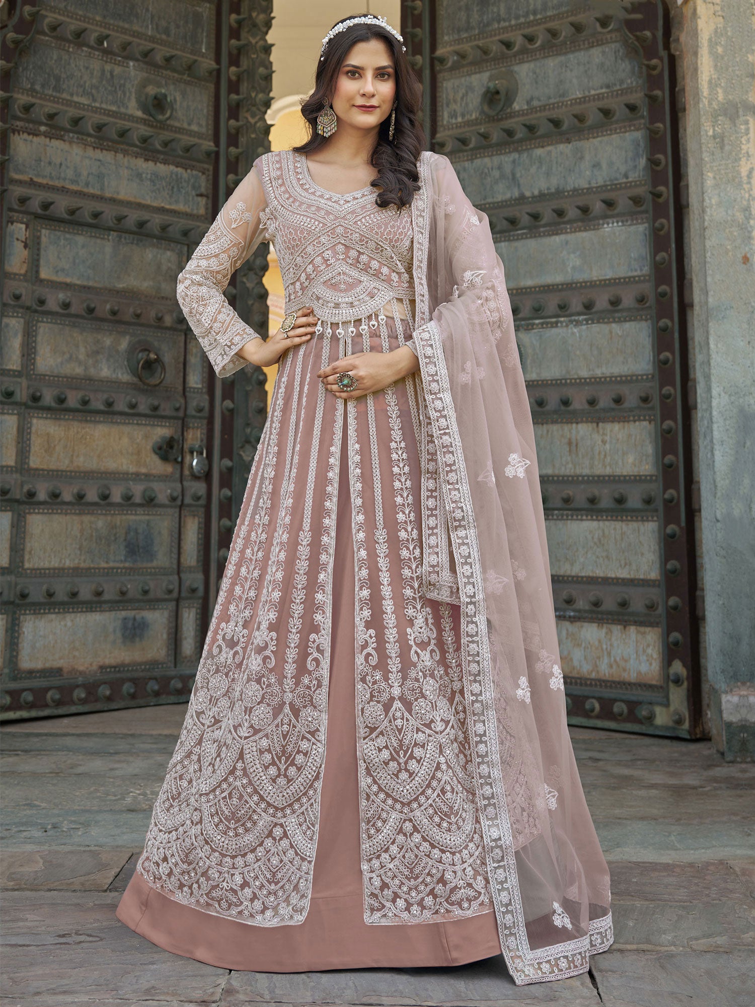 Peach Front Slit Style Party Lehenga Choli