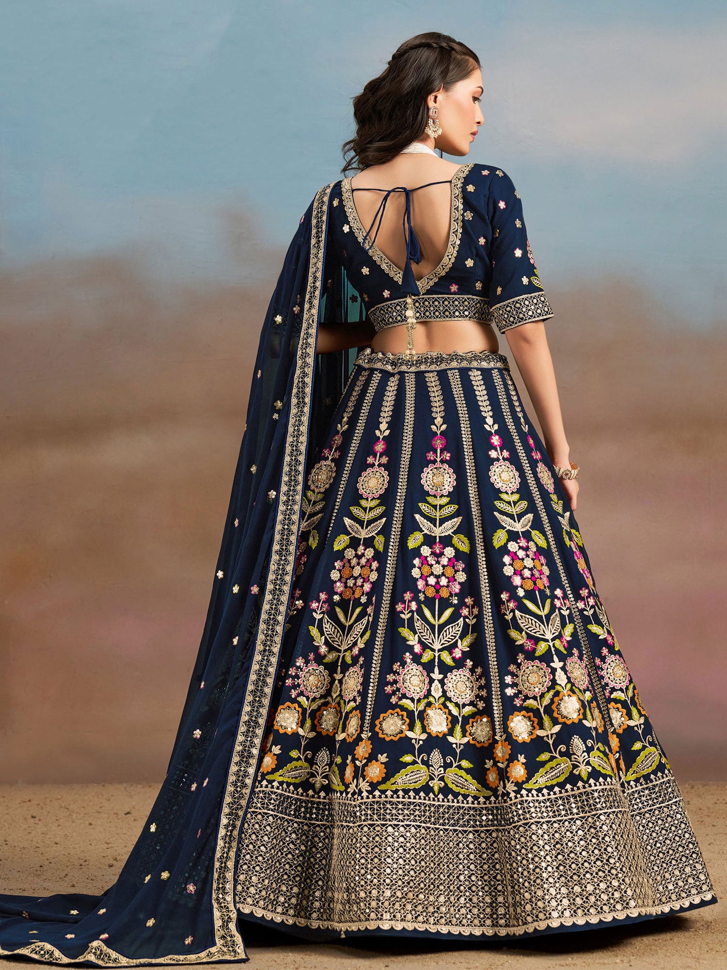 Navy Blue Thread Embroidered Festive Lehenga Choli