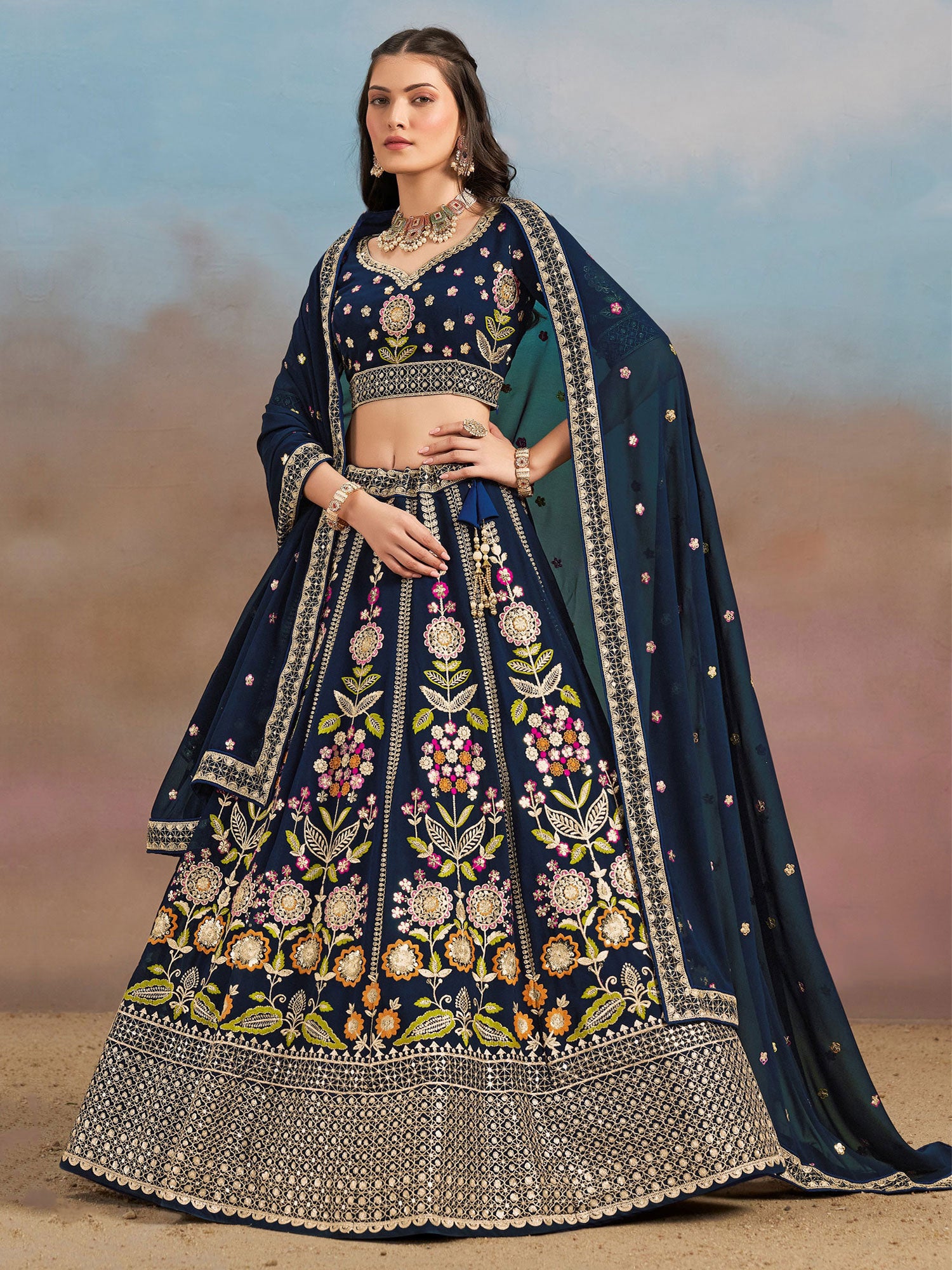 Navy Blue Thread Embroidered Festive Lehenga Choli