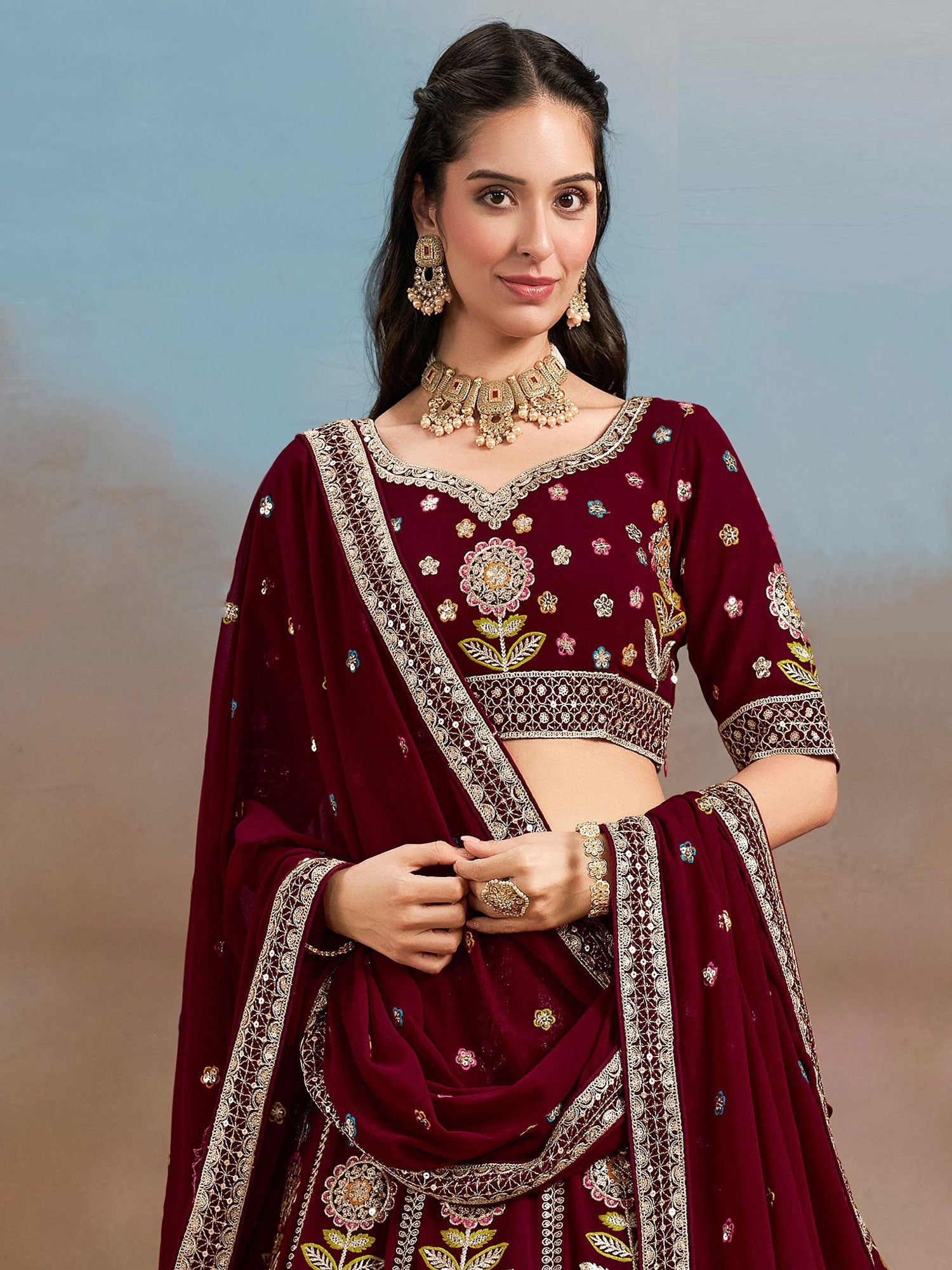 Maroon Wedding Lehenga Set With Thread Embellishment