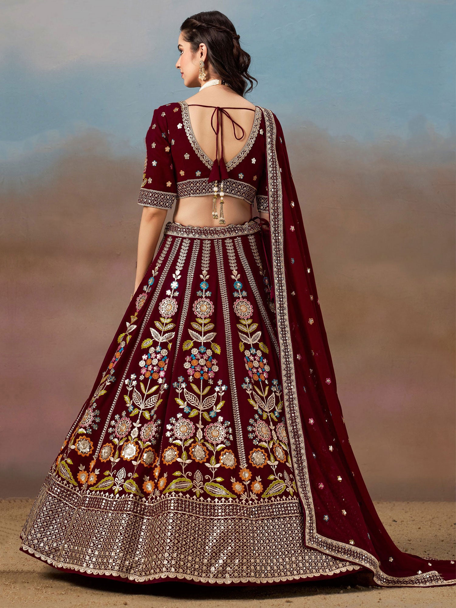 Maroon Wedding Lehenga Set With Thread Embellishment