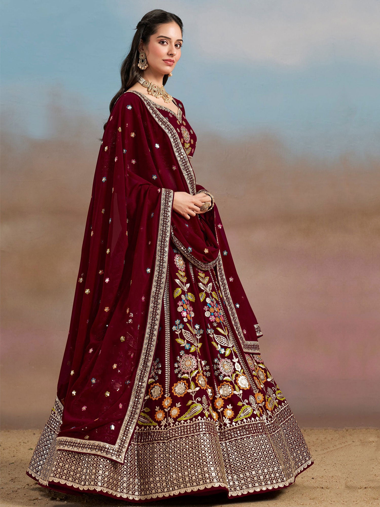 Maroon Wedding Lehenga Set With Thread Embellishment