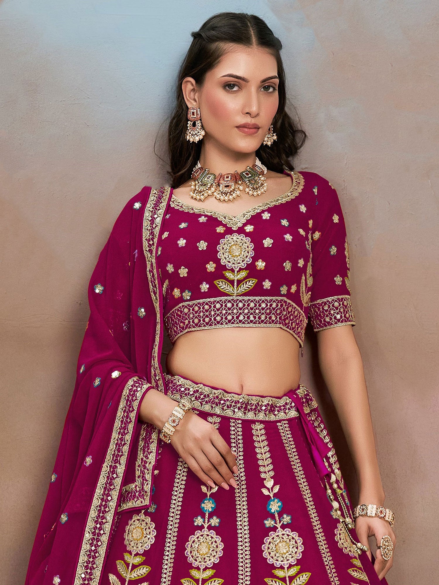 Magenta Heavy Floral Thread Work Lehenga Set