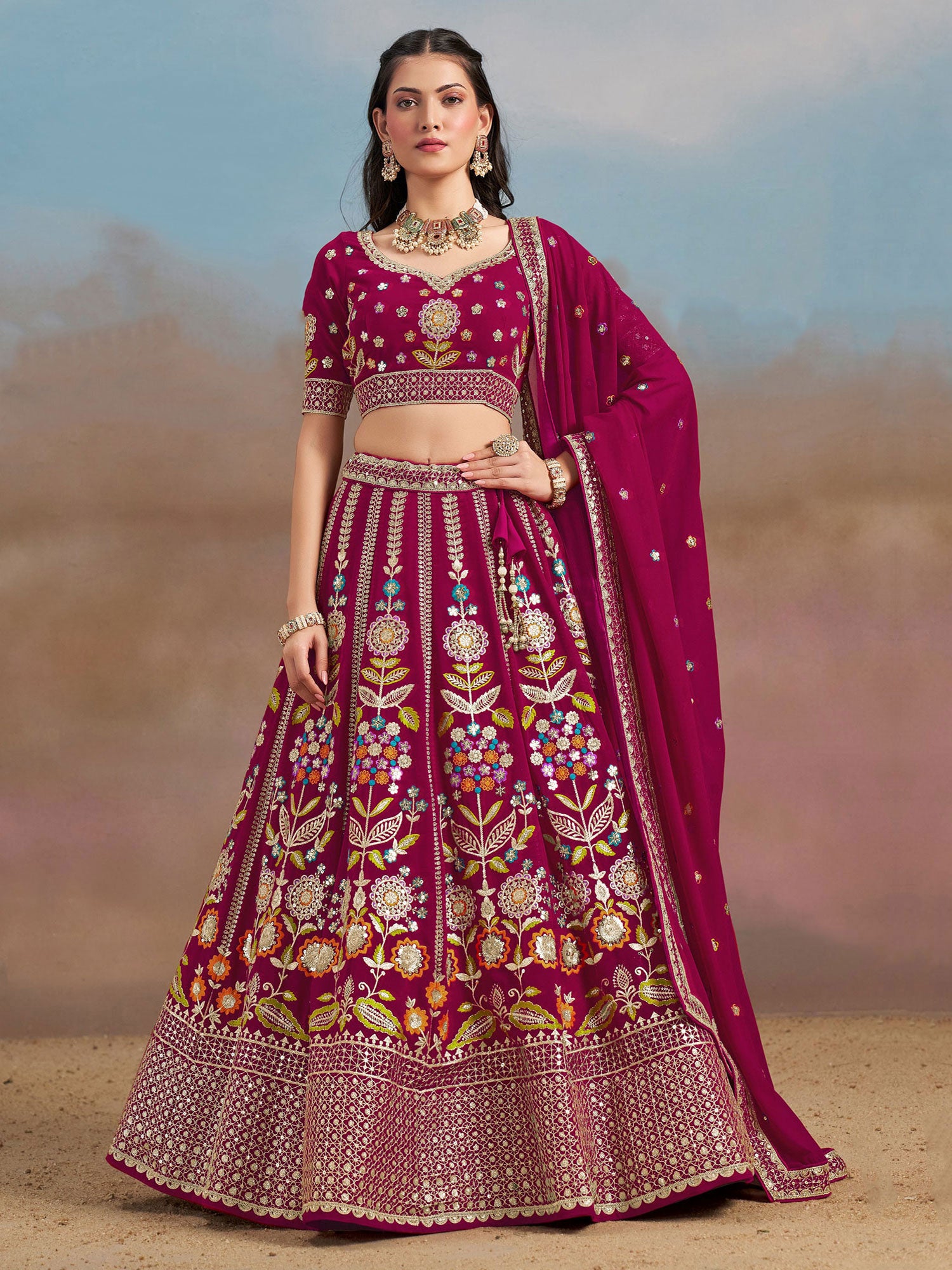 Magenta Heavy Floral Thread Work Lehenga Set