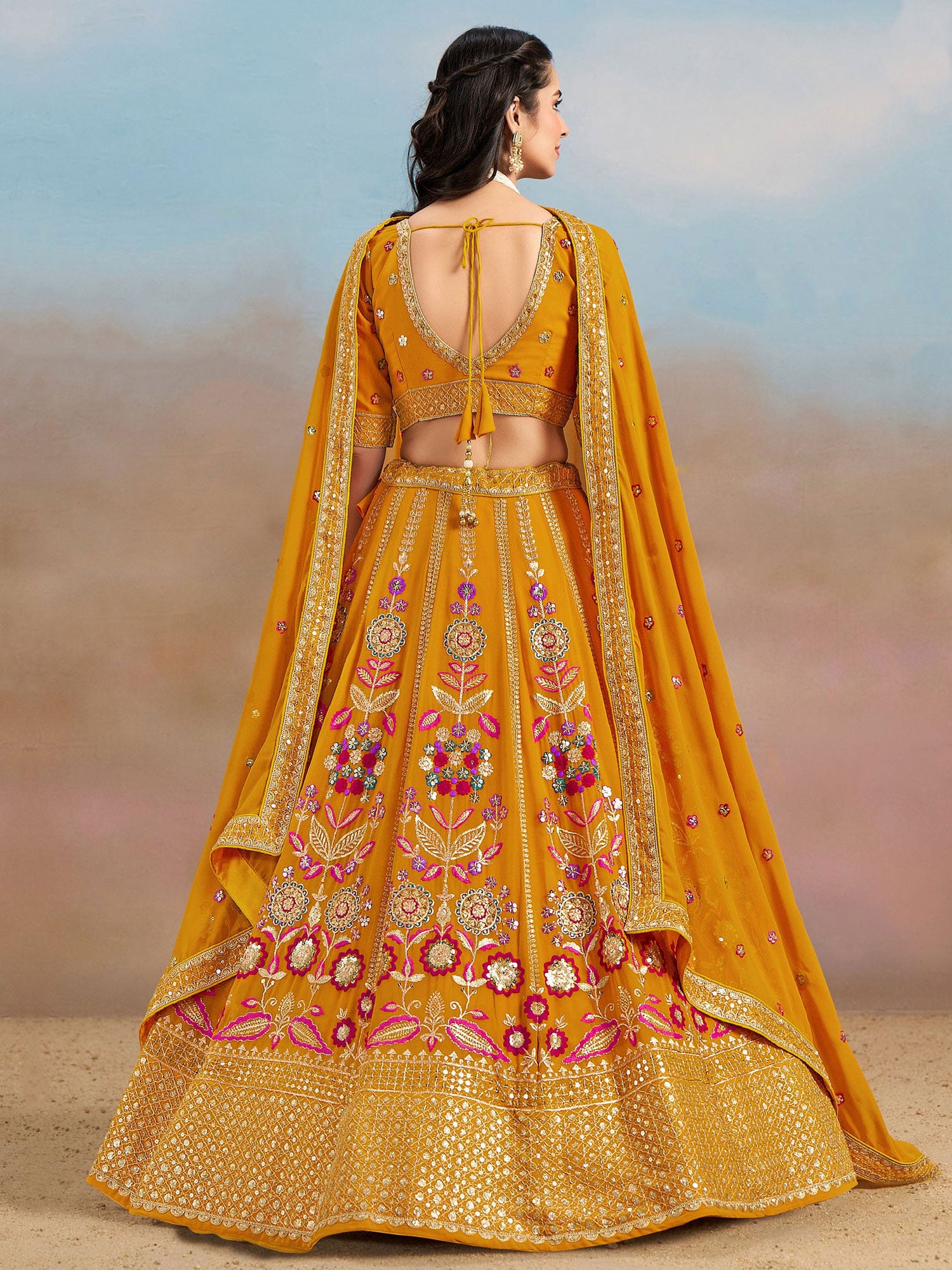 Yellow Festive Lehenga Choli In Floral Thread Work