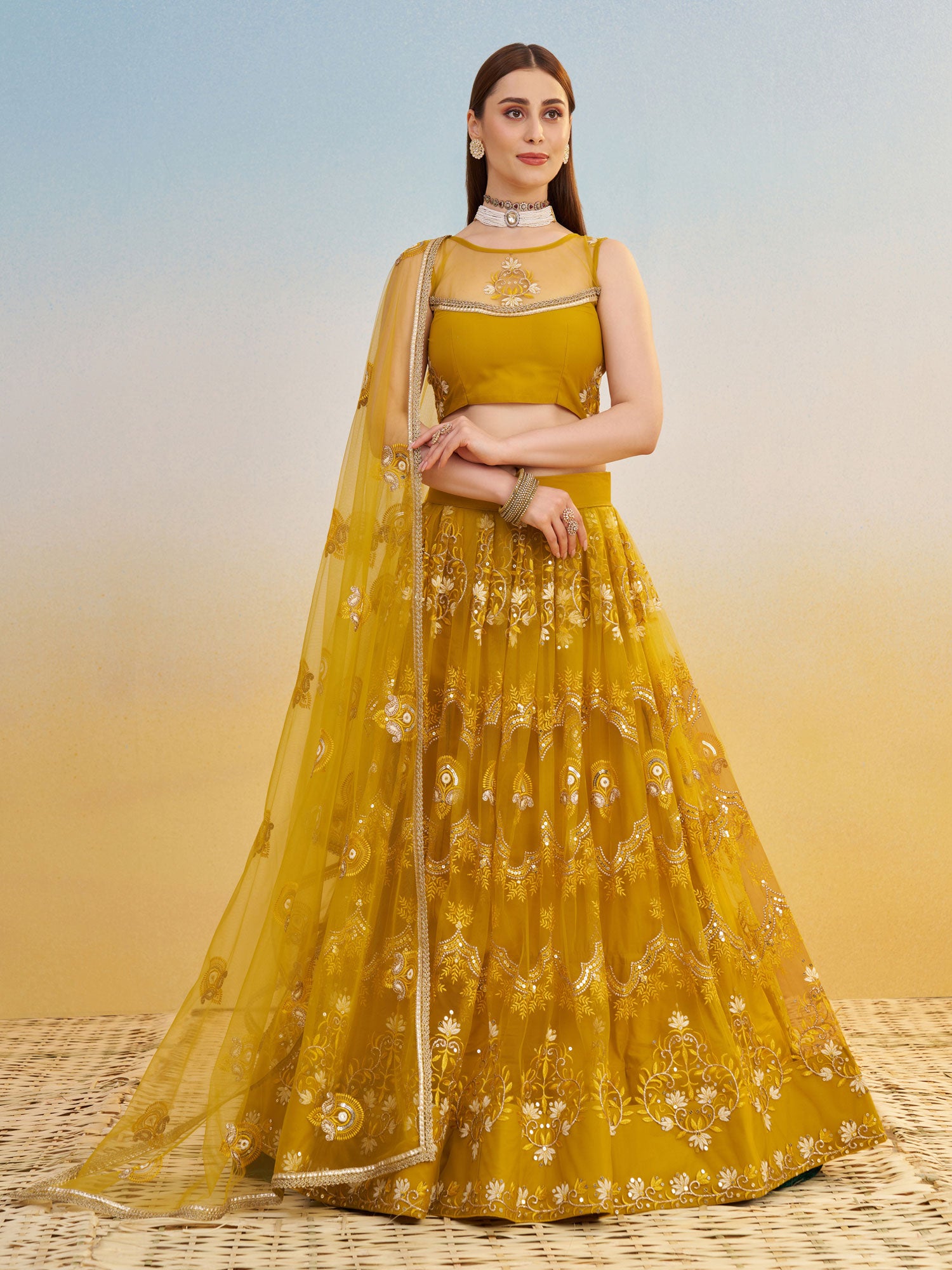 Yellow Thread Work Party Lehenga Choli