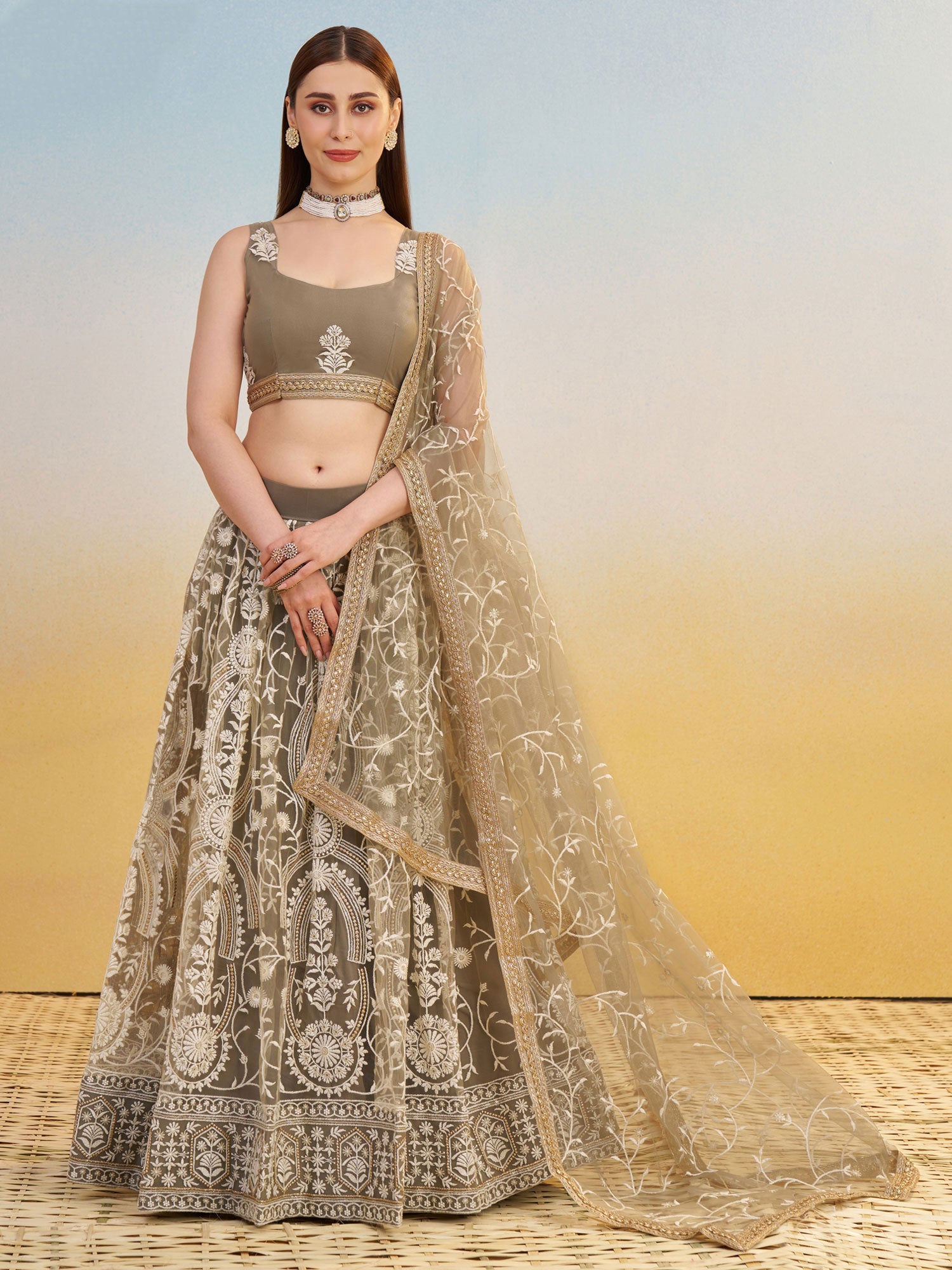 Brown Embroidered Net Lehenga Set With Dupatta