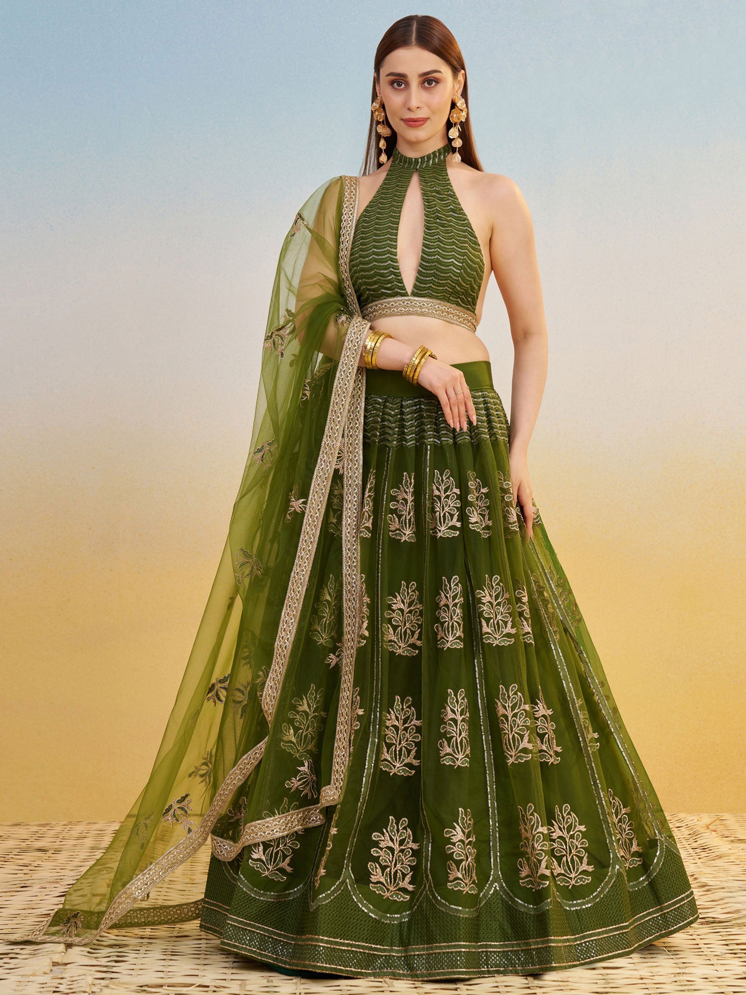 Green Party Indo Western Style Lehenga Choli