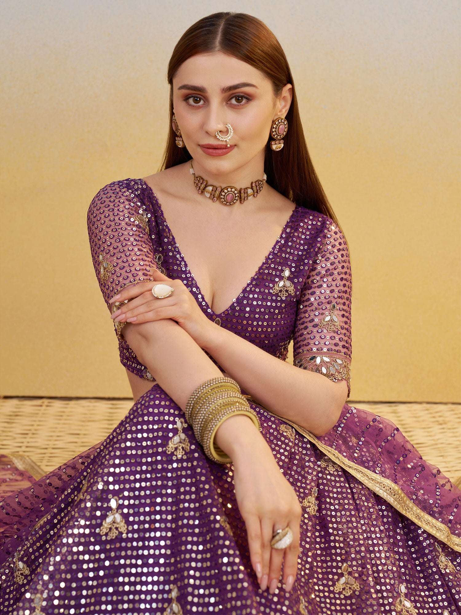 Purple Mirror Embellished Wedding Lehenga Set