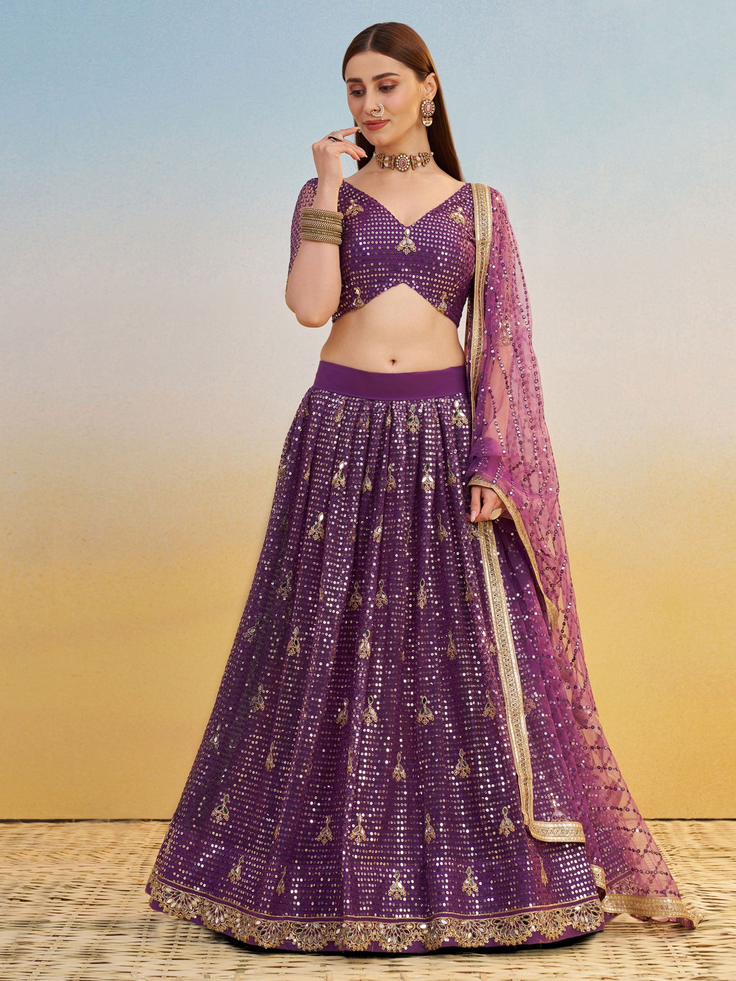 Purple Mirror Embellished Wedding Lehenga Set