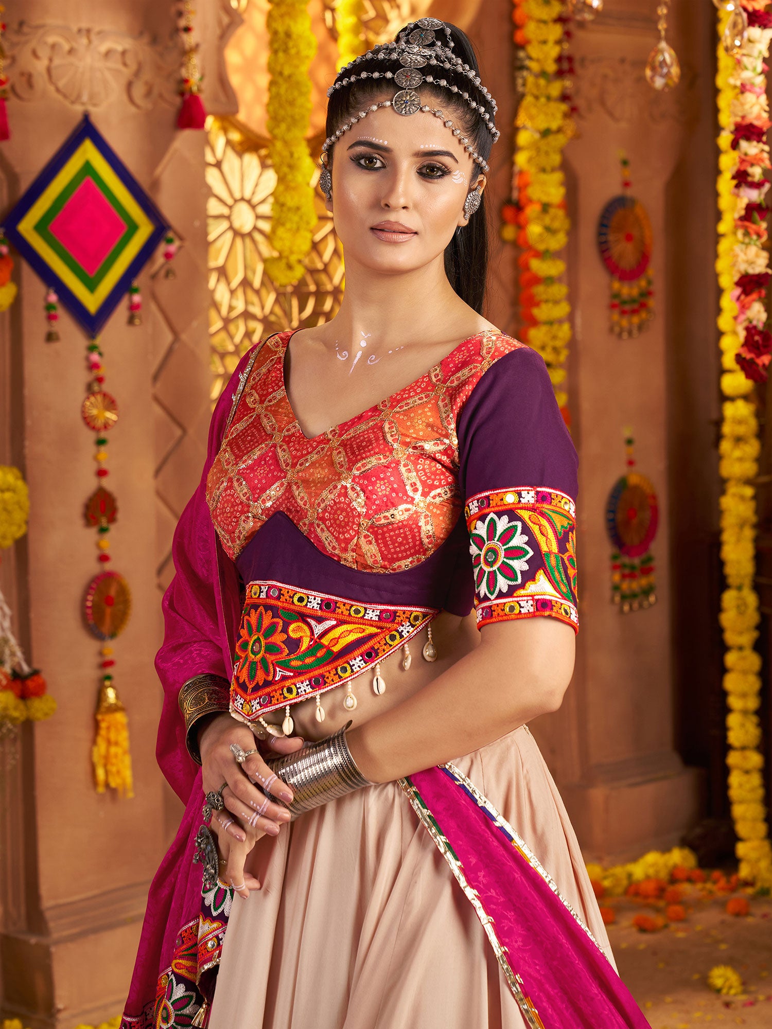 Beige Navratri Lehenga Choli In Mirror Work