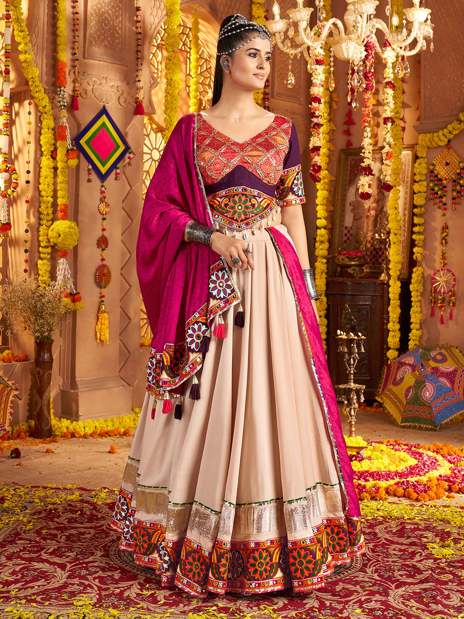 Beige Navratri Lehenga Choli In Mirror Work
