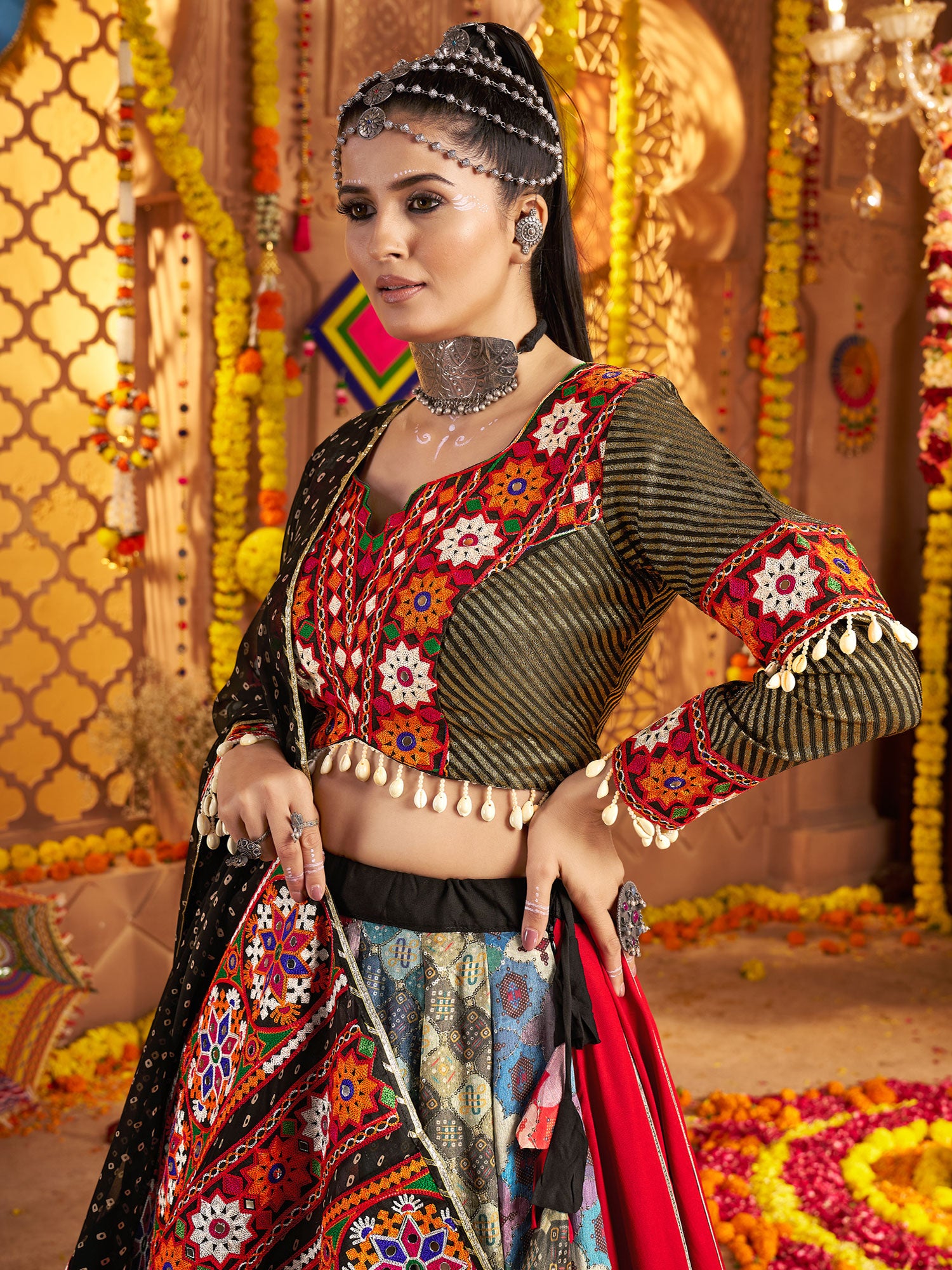 Multicolor Floral Embellished Navratri Lehenga Set