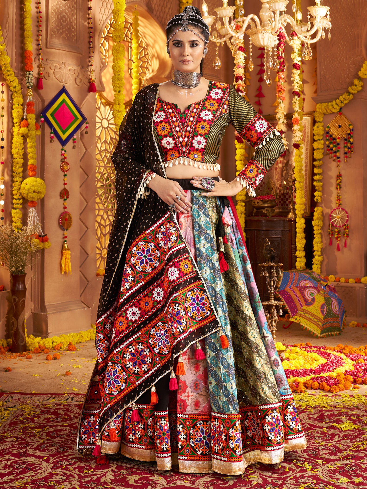 Multicolor Floral Embellished Navratri Lehenga Set