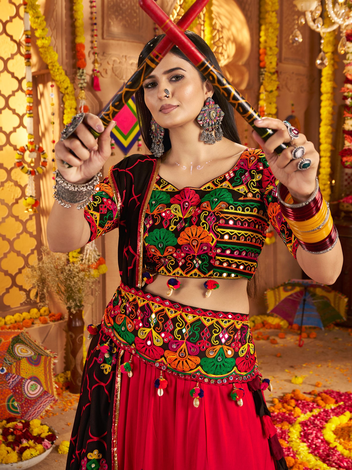 Multicolor Lehenga Choli In Cotton With Belt