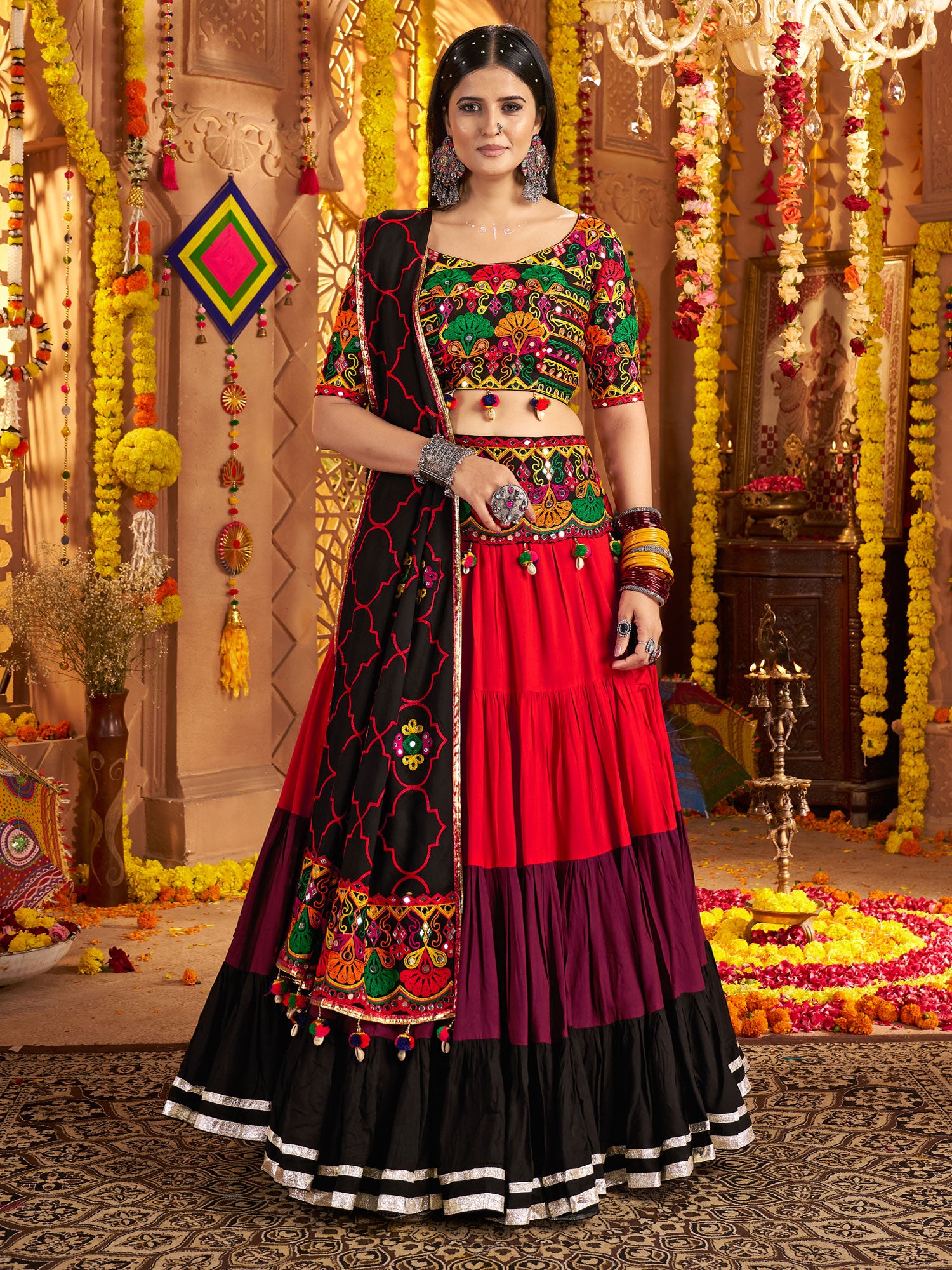 Multicolor Lehenga Choli In Cotton With Belt