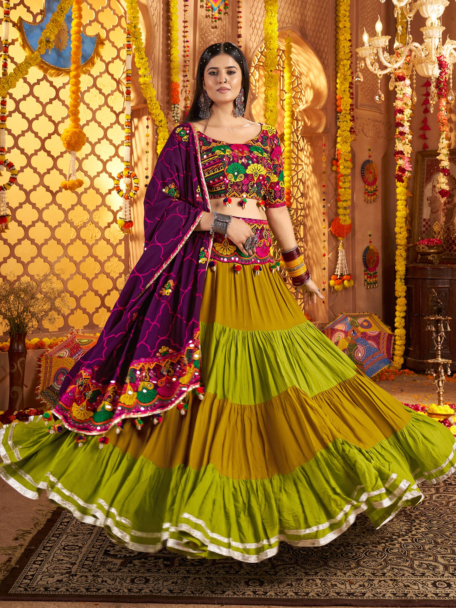 Multicolor Thread Embroidered Cotton Lehenga Set