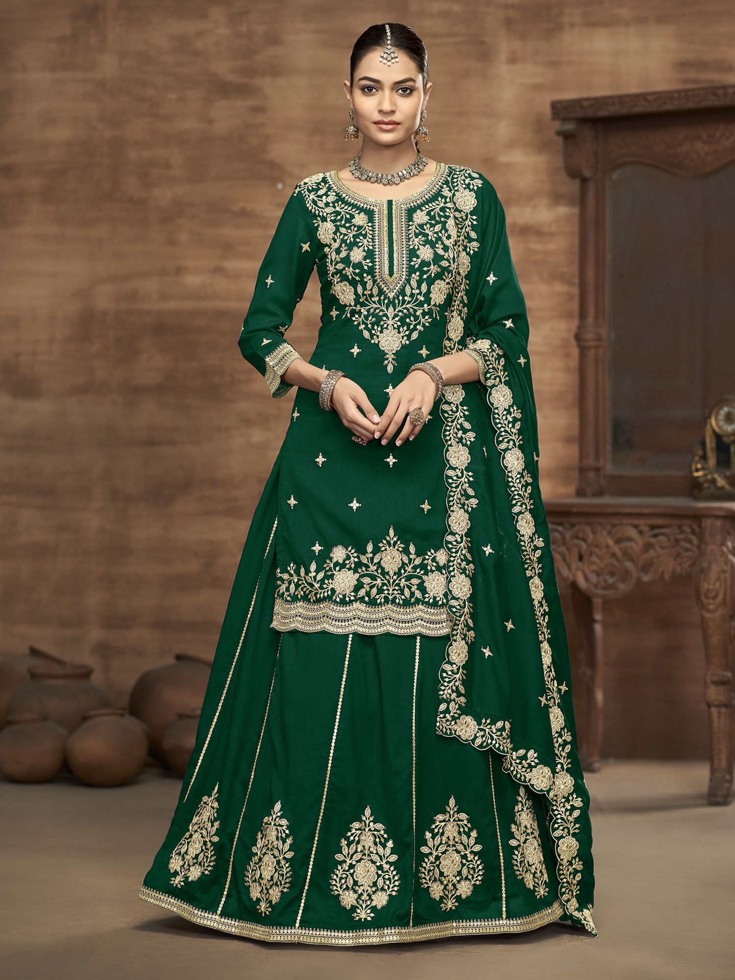 Green Embroidered Silk Lehenga Set With Dupatta
