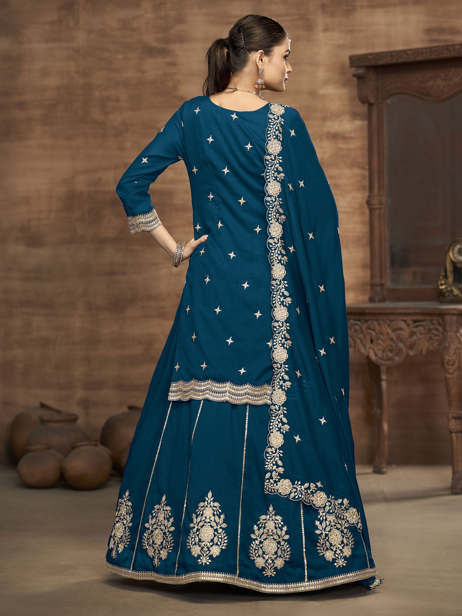 Blue Floral Augmented Indo Western Lehenga Choli